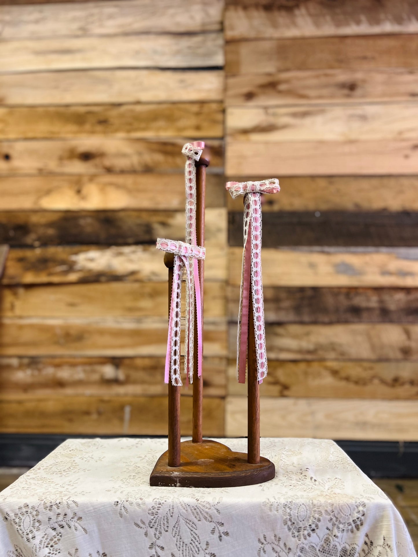 Wooden Candelabra Candle Holder with Pink and White Ribbon Bows