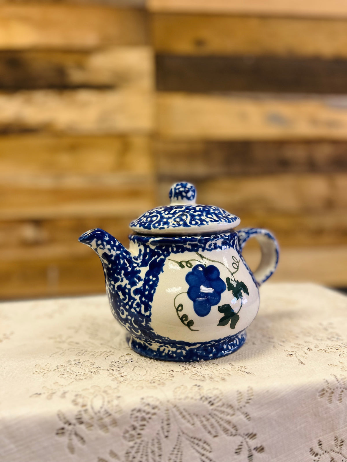 Vintage Blue Teapot With Grapes