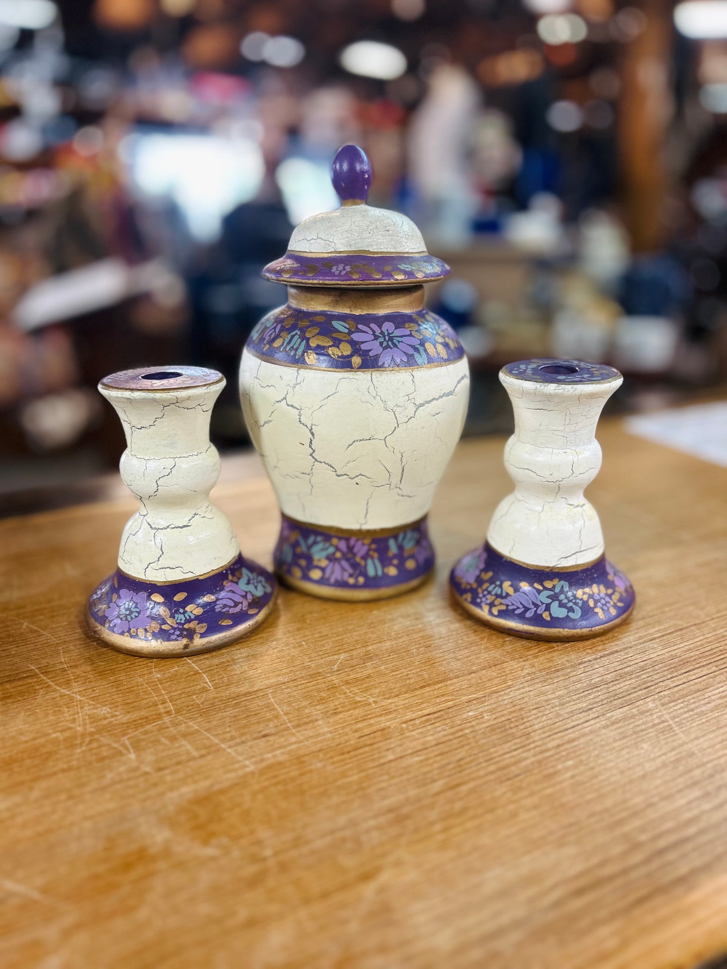 Vintage Hand Painted Ceramic Lidded Ginger Jar and Matching Candlesticks Set