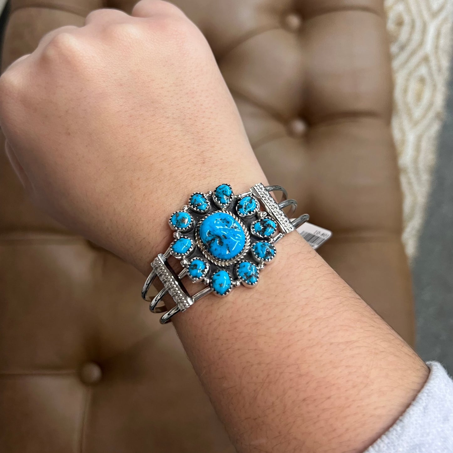 Genuine Kingman Turquoise Cluster Cuff Sterling Silver Bracelet