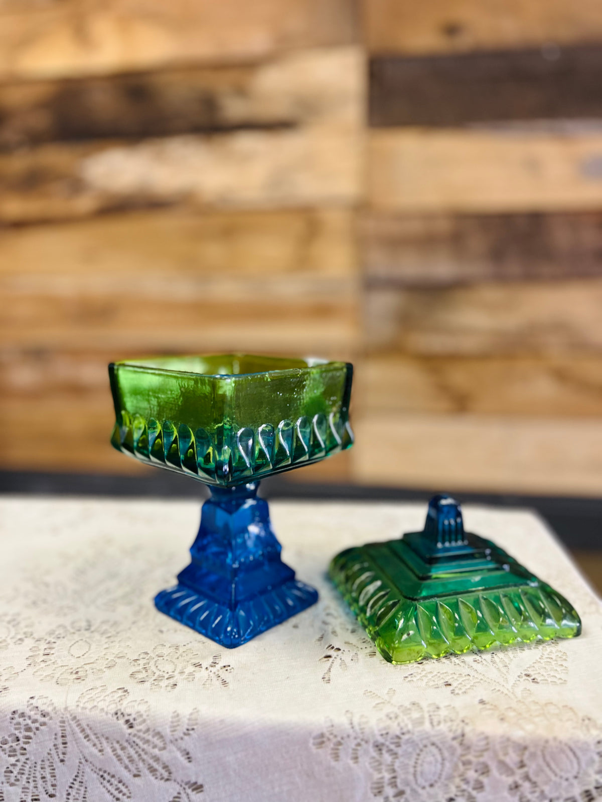 Vintage Blue & Green Ombre Pedestal Dish With Lid