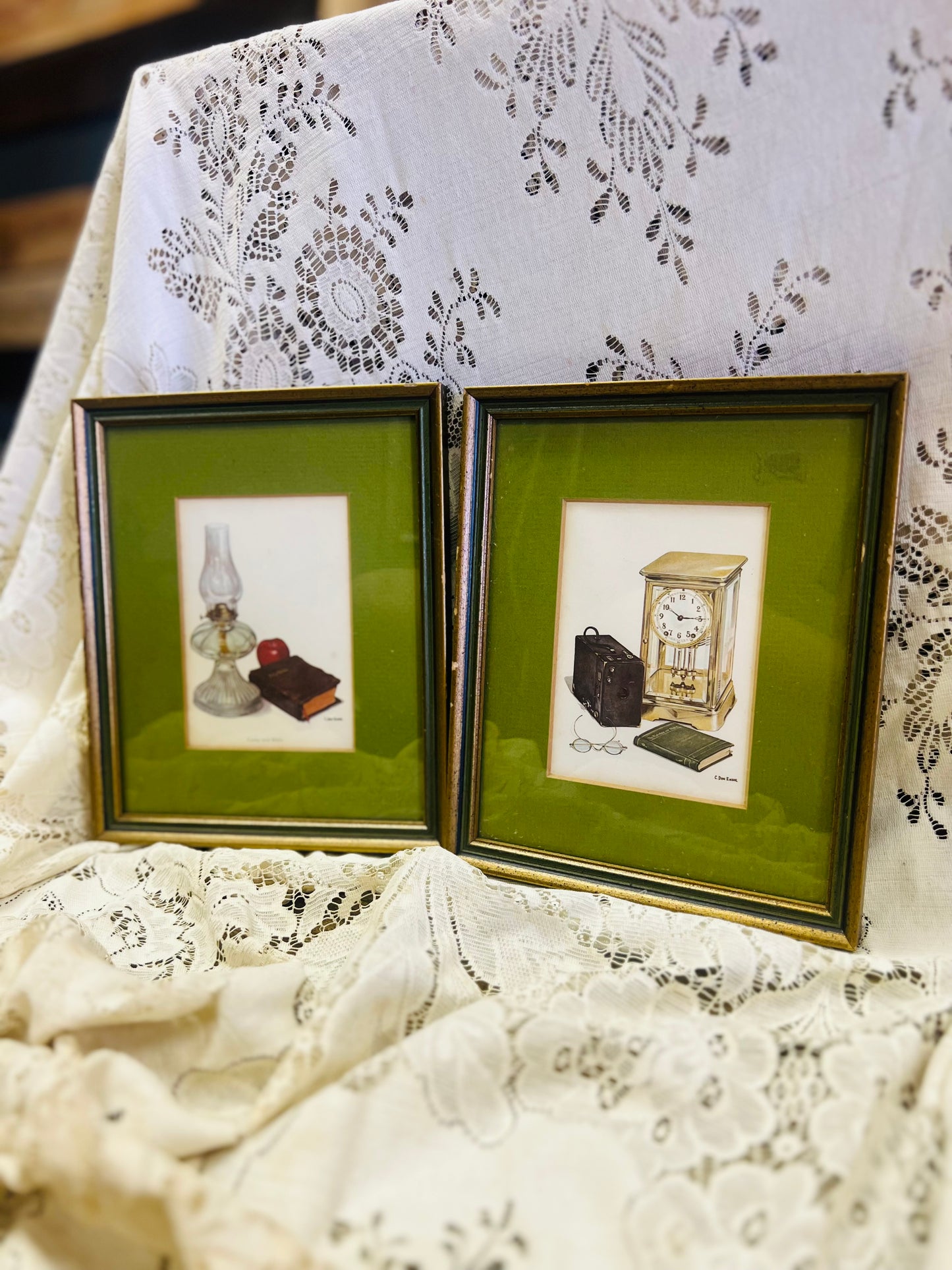 Vintage Green Framed Bible and Clock Photos Set
