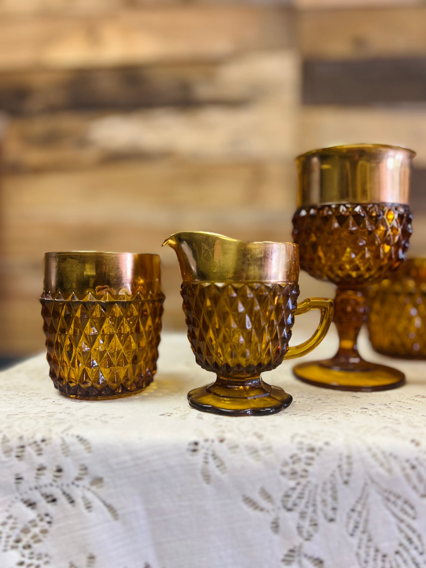 Vintage Indiana Glass Amber Diamond Point Tumbler 8 Piece Set
