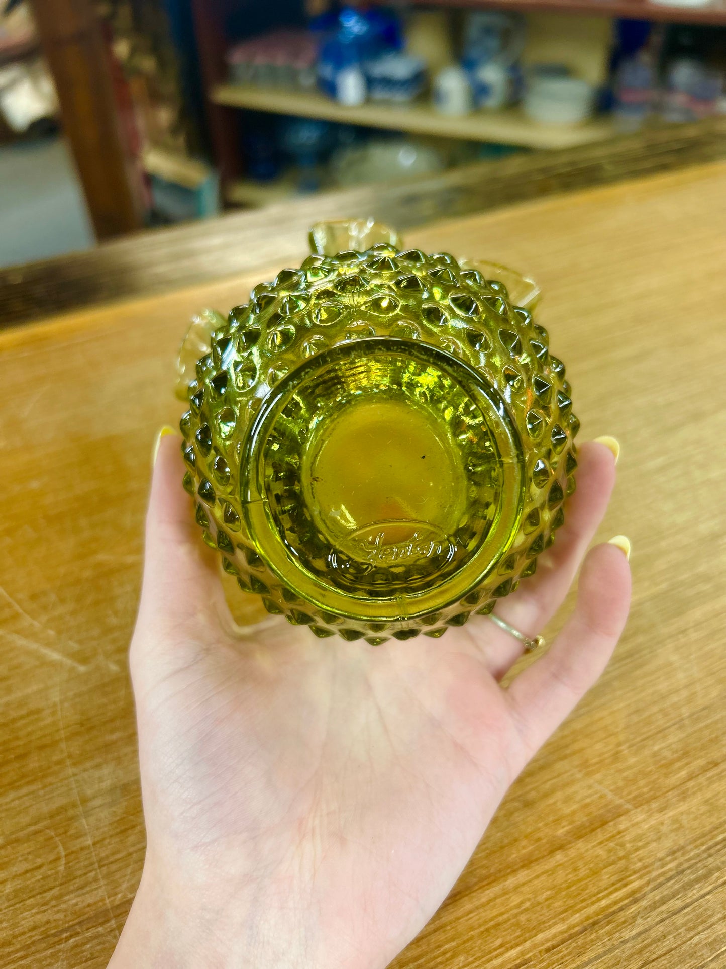 Vintage Fenton Olive Green Hobnail Glass Vase