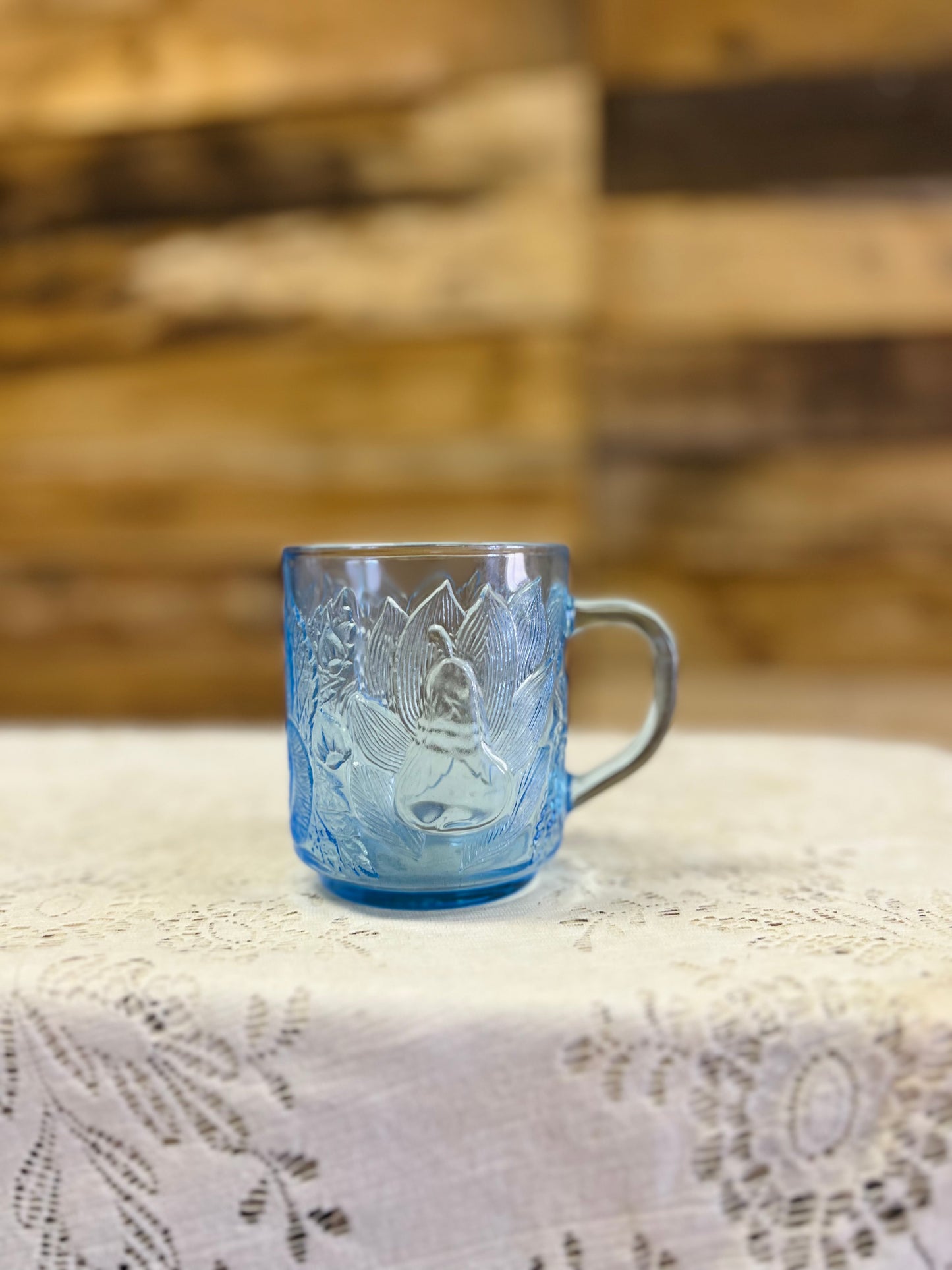 Vintage Ice Blue Floral & Fruit Glass Mug
