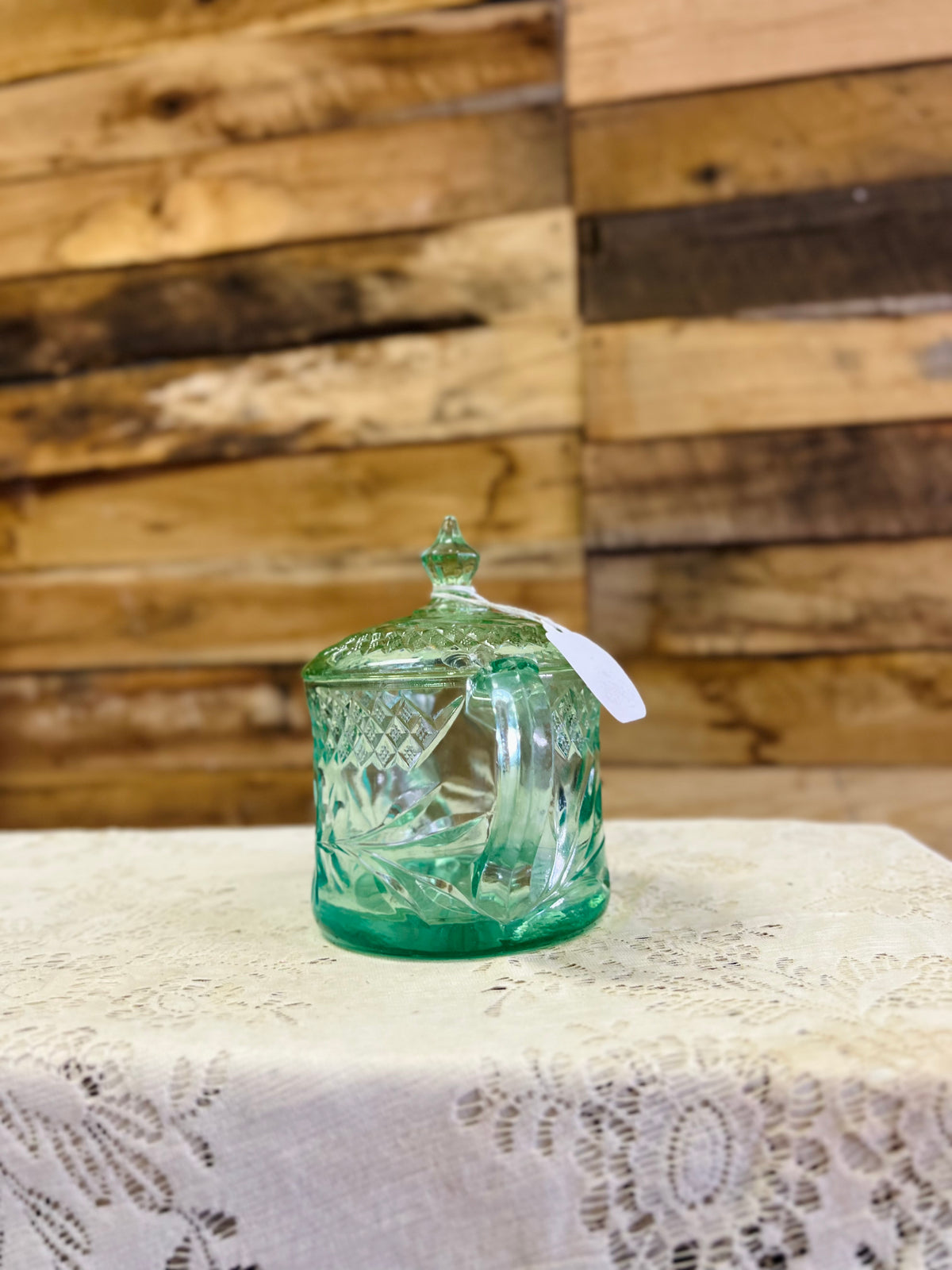 Vintage Green Double Handled Uranium Glass Dish With Lid