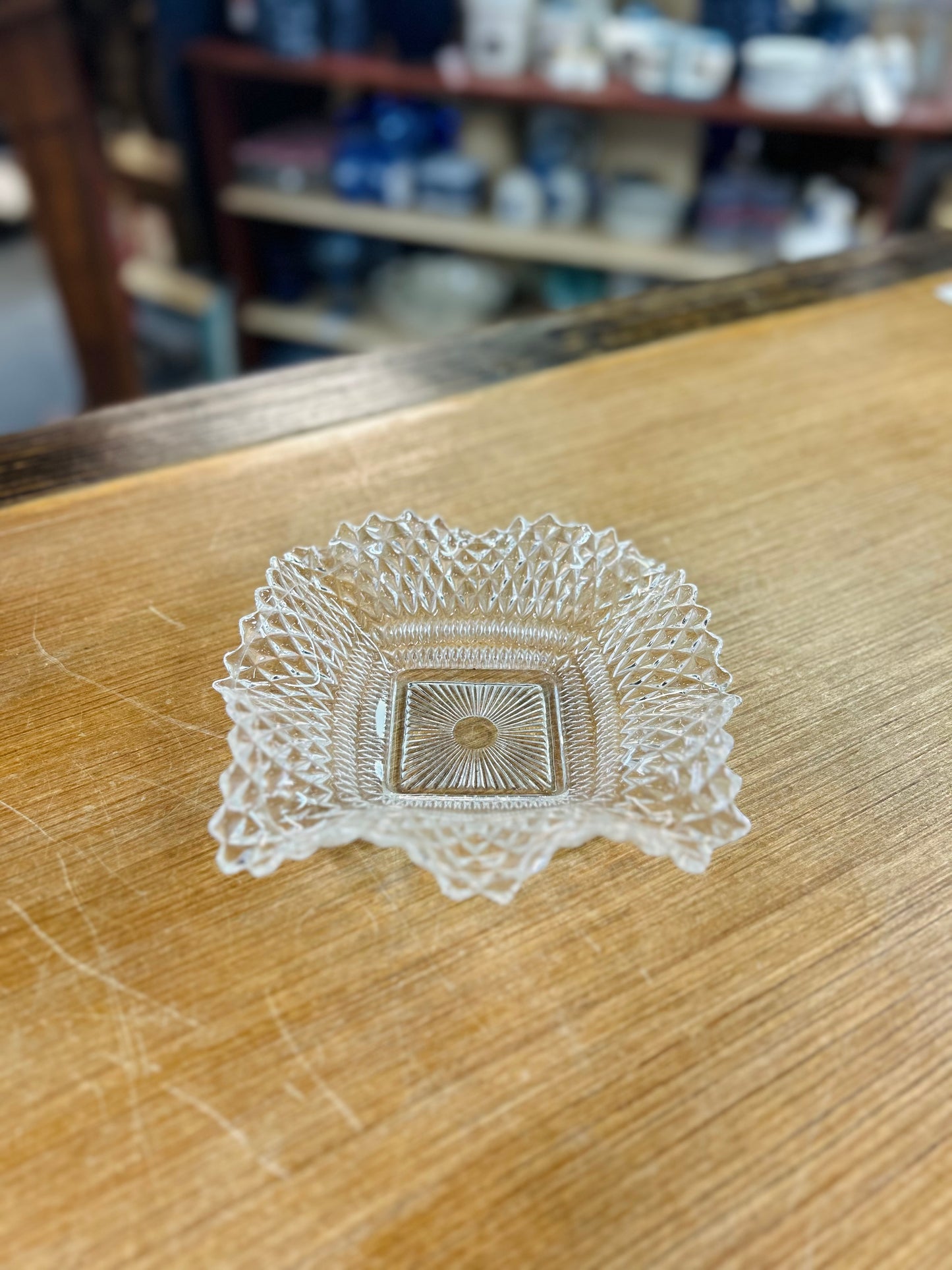 Vintage Indiana Glass Diamond Point Pattern Candy Dish with Ruffled Edge Set