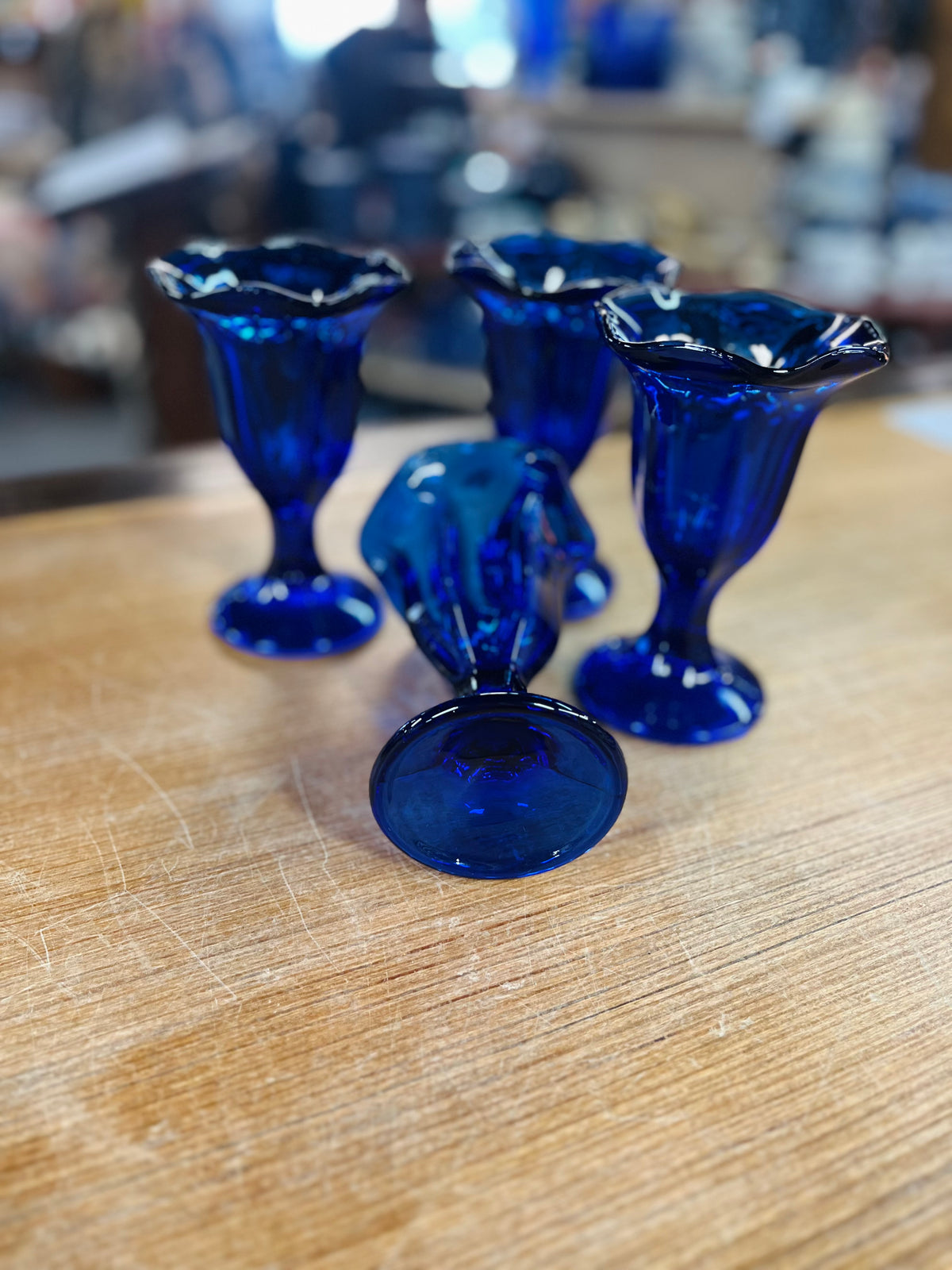 Vintage Cobalt Blue Tulip Shaped Sundae Set Of 4 Glasses
