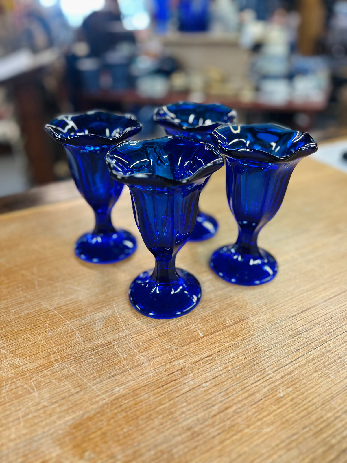 Vintage Cobalt Blue Tulip Shaped Sundae Set Of 4 Glasses