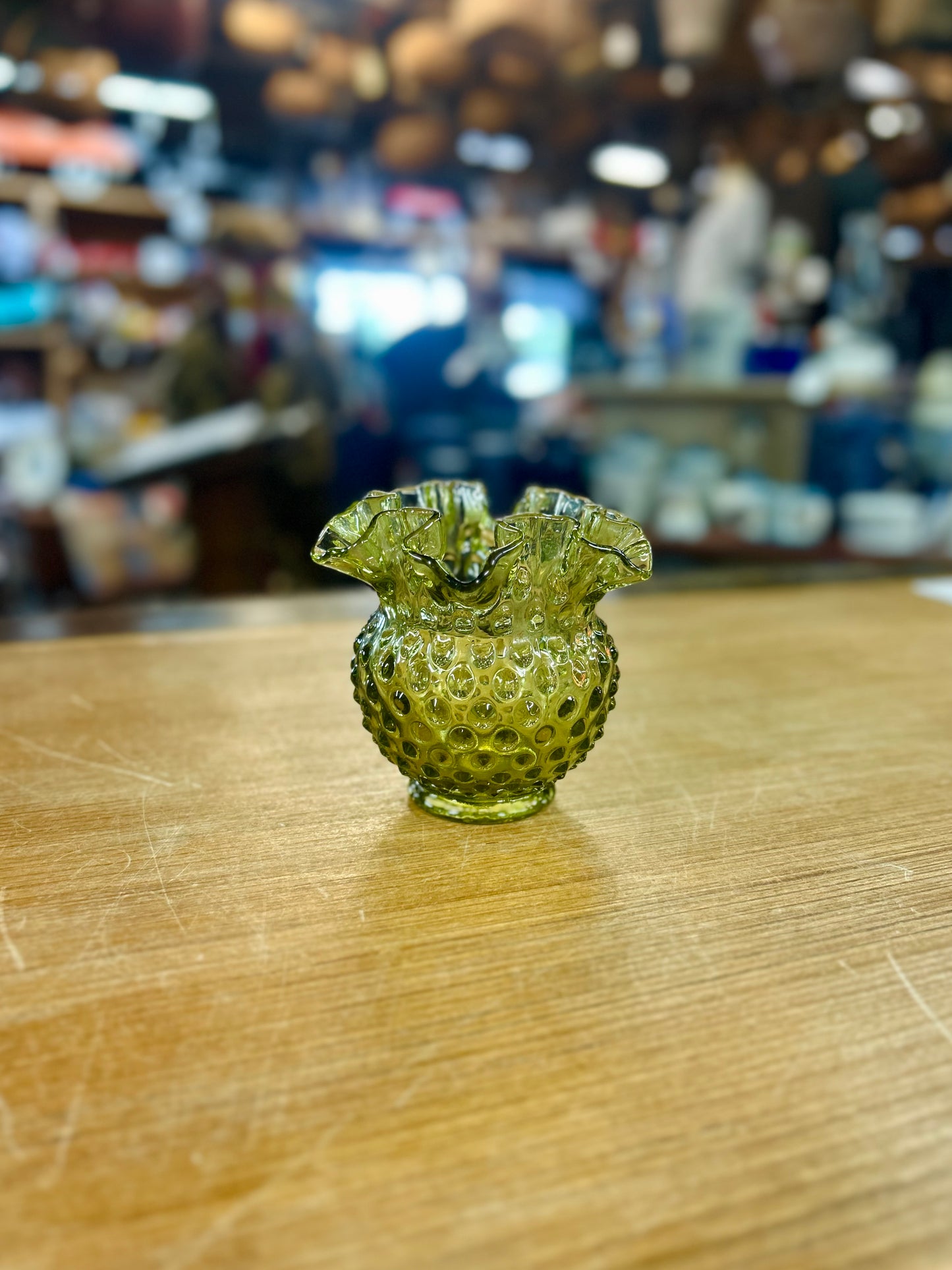 Vintage Fenton Olive Green Hobnail Glass Vase
