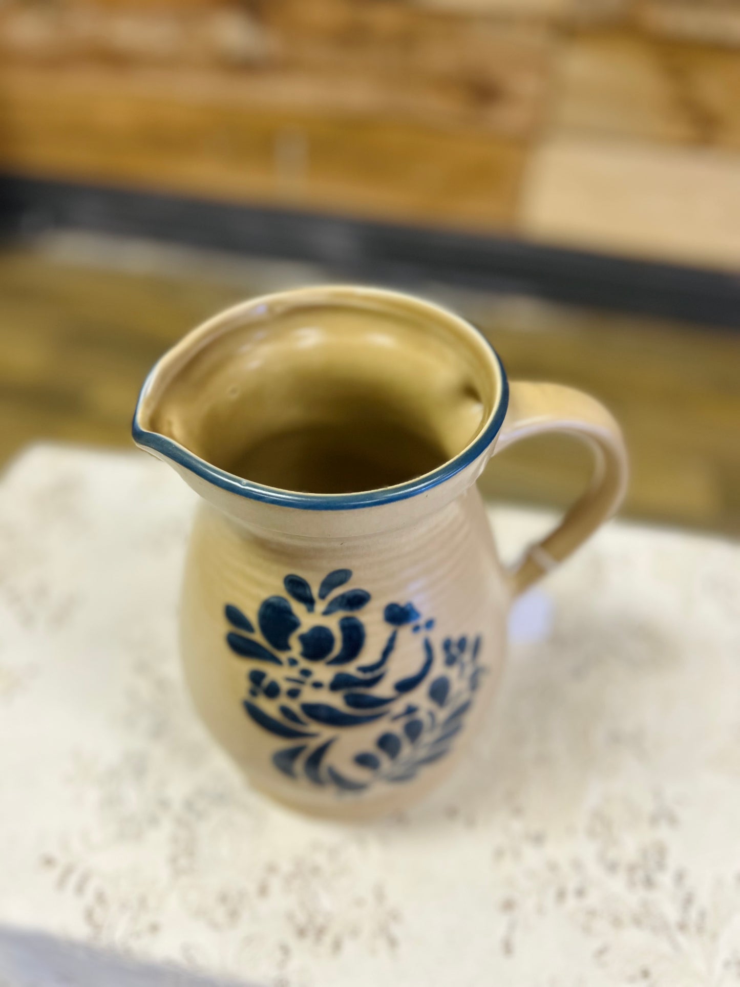 Vintage Tan and Blue Pfaltzgraff Pitcher