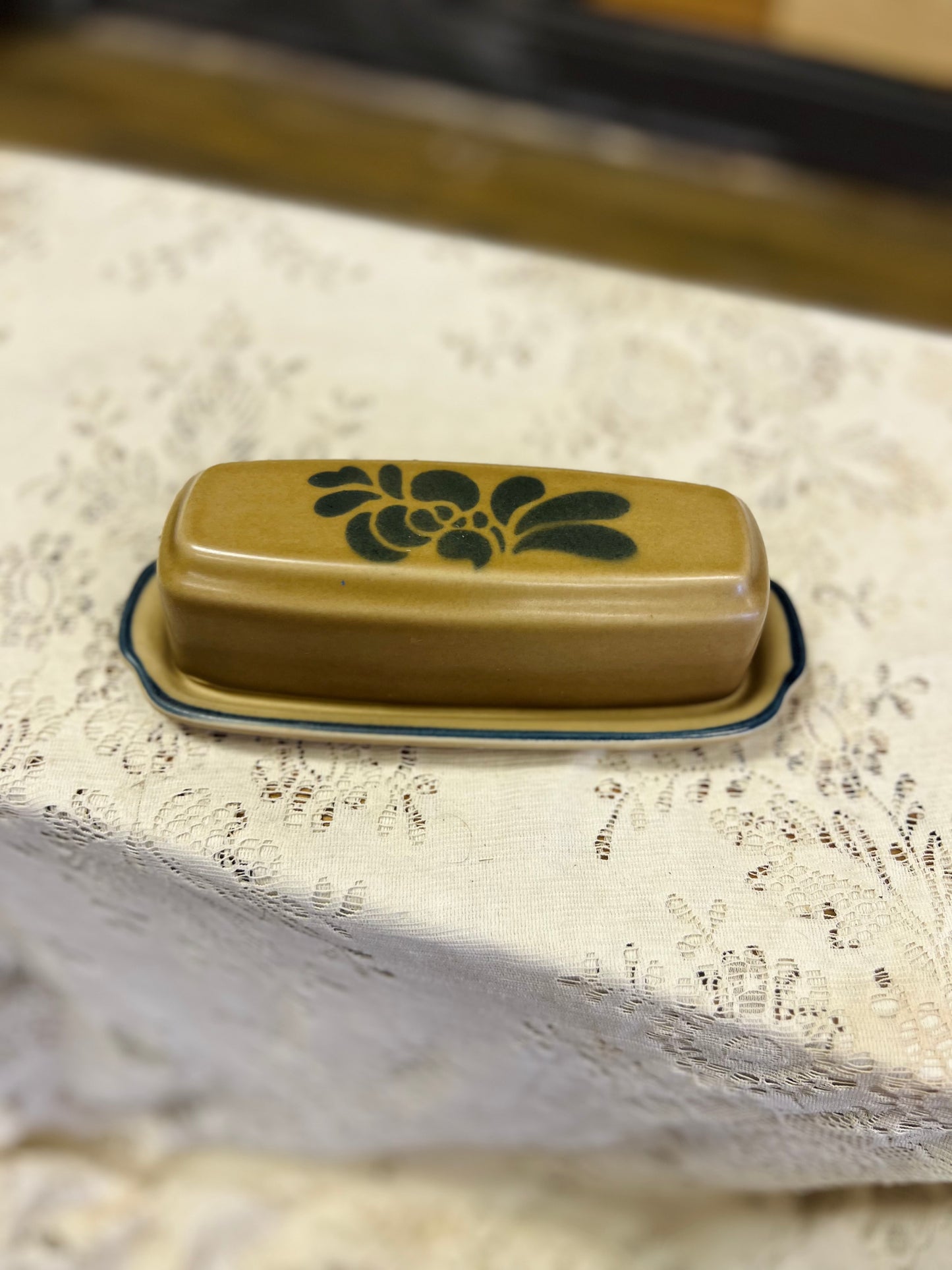 Vintage Tan and Blue Pfaltzgraff Butter Dish
