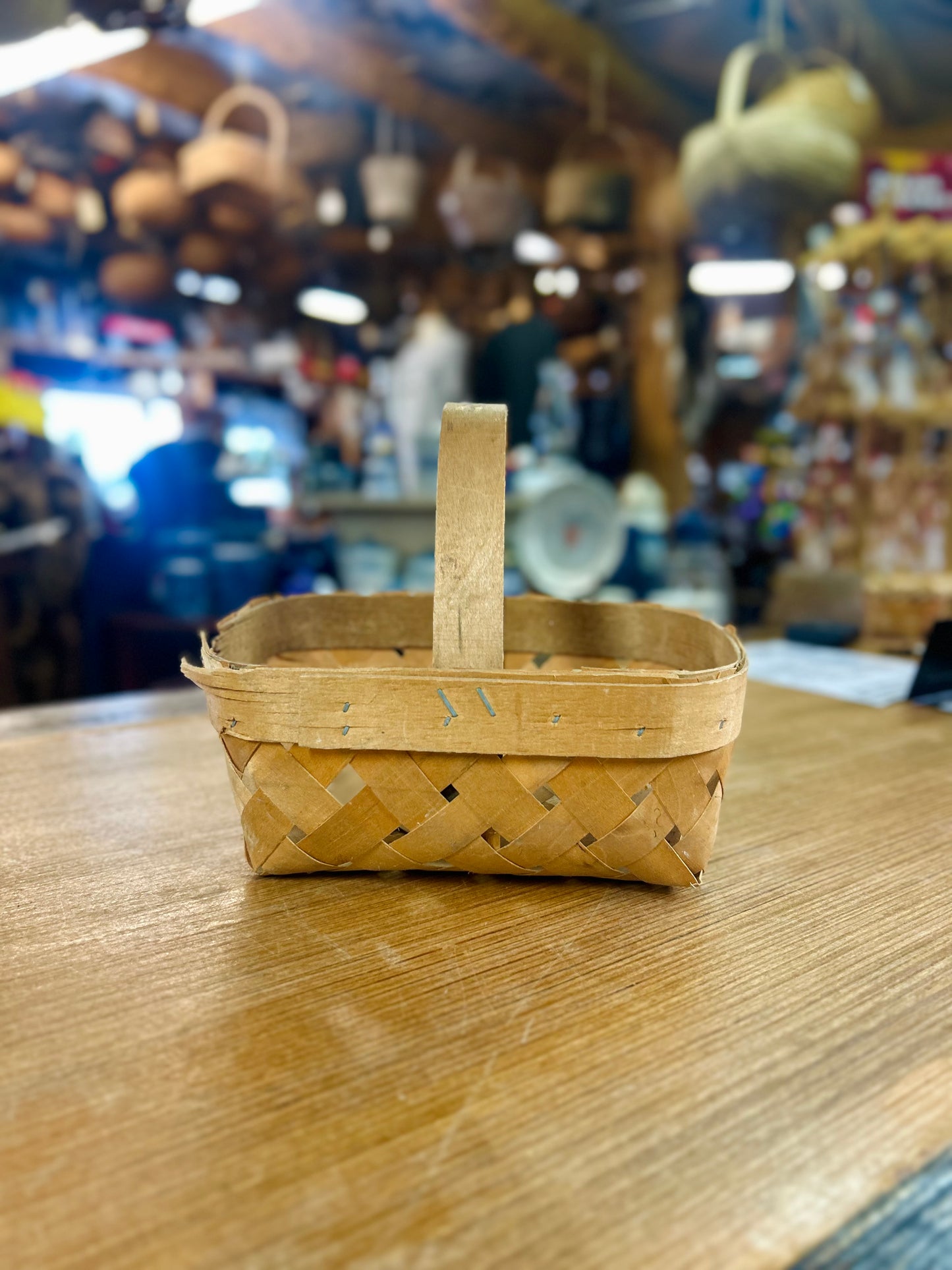 Vintage Amish Mini Wooden Woven Basket With Fixed Handle