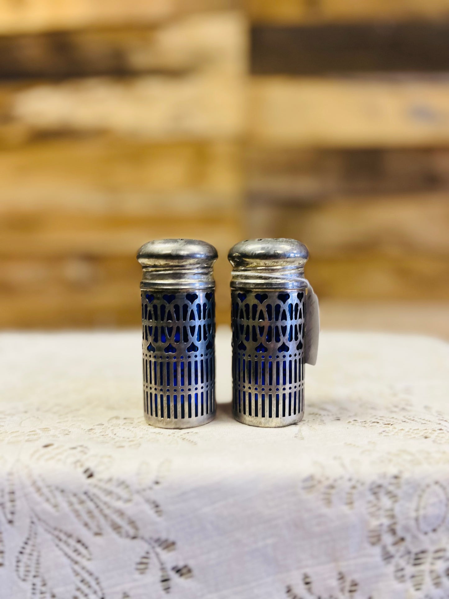 Vintage Cobalt Blue Salt and Pepper Shakers with Silver Plate