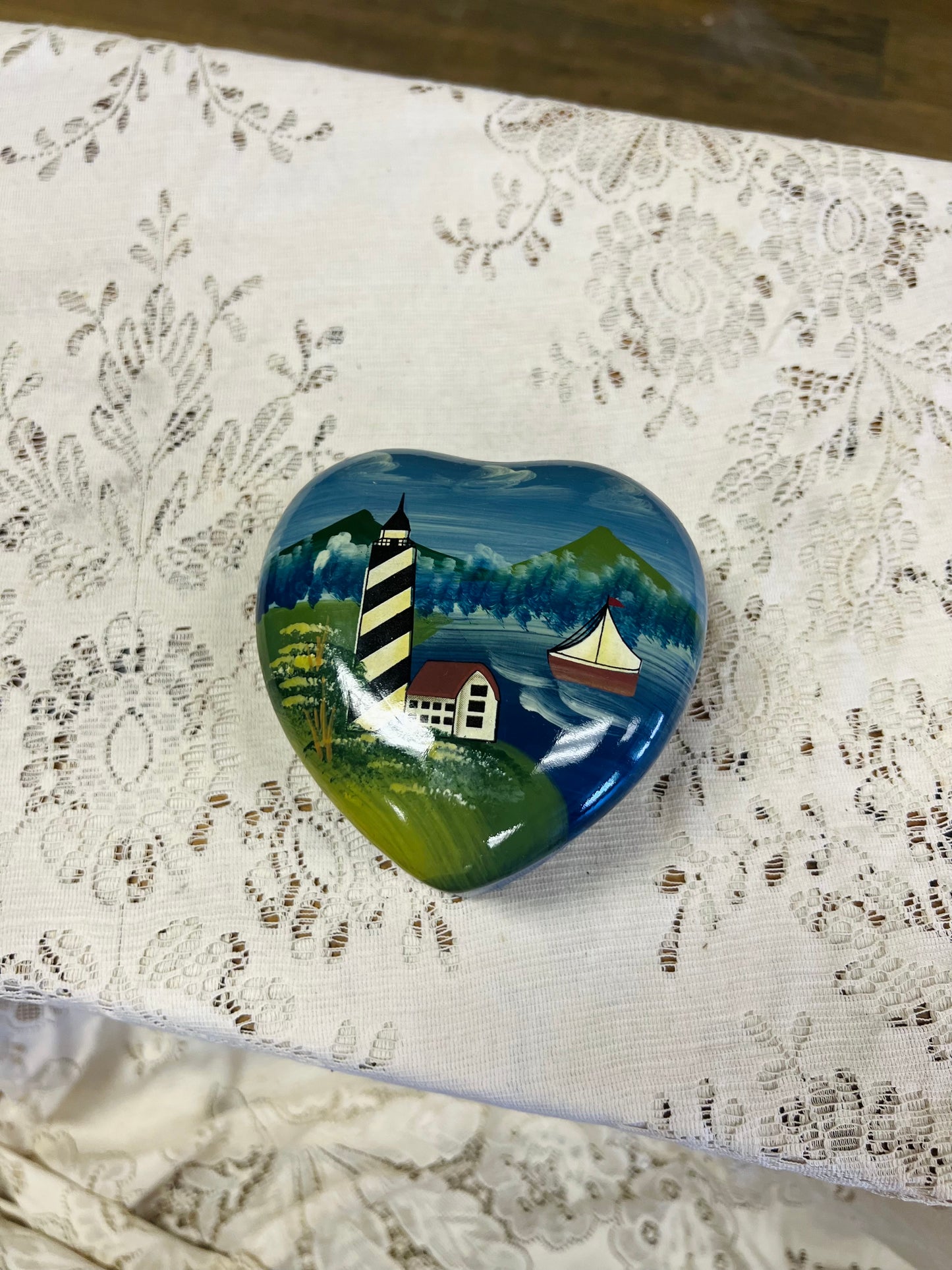 Vintage Nautical Heart Shaped Trinket Lighthouse Scene Dish