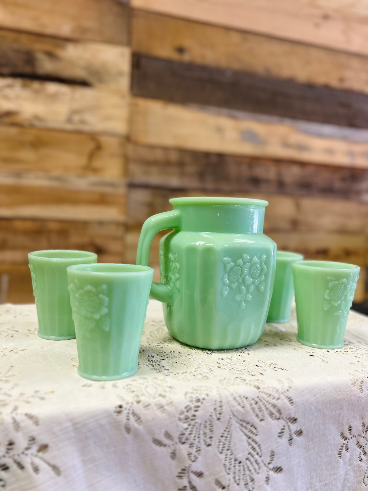 Green Jadeite Pitcher and 4 Cups Set