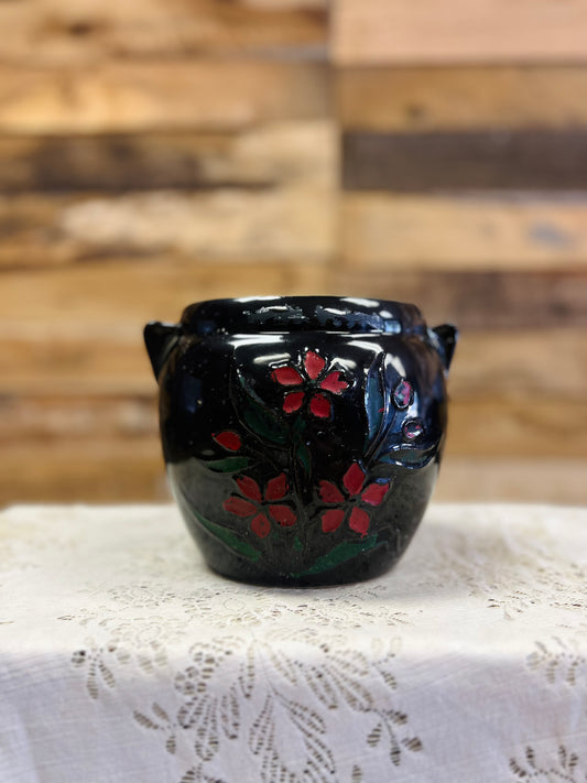 Vintage Pottery Stoneware Crock Featuring Hand-Painted Red Flowers on Black Finish