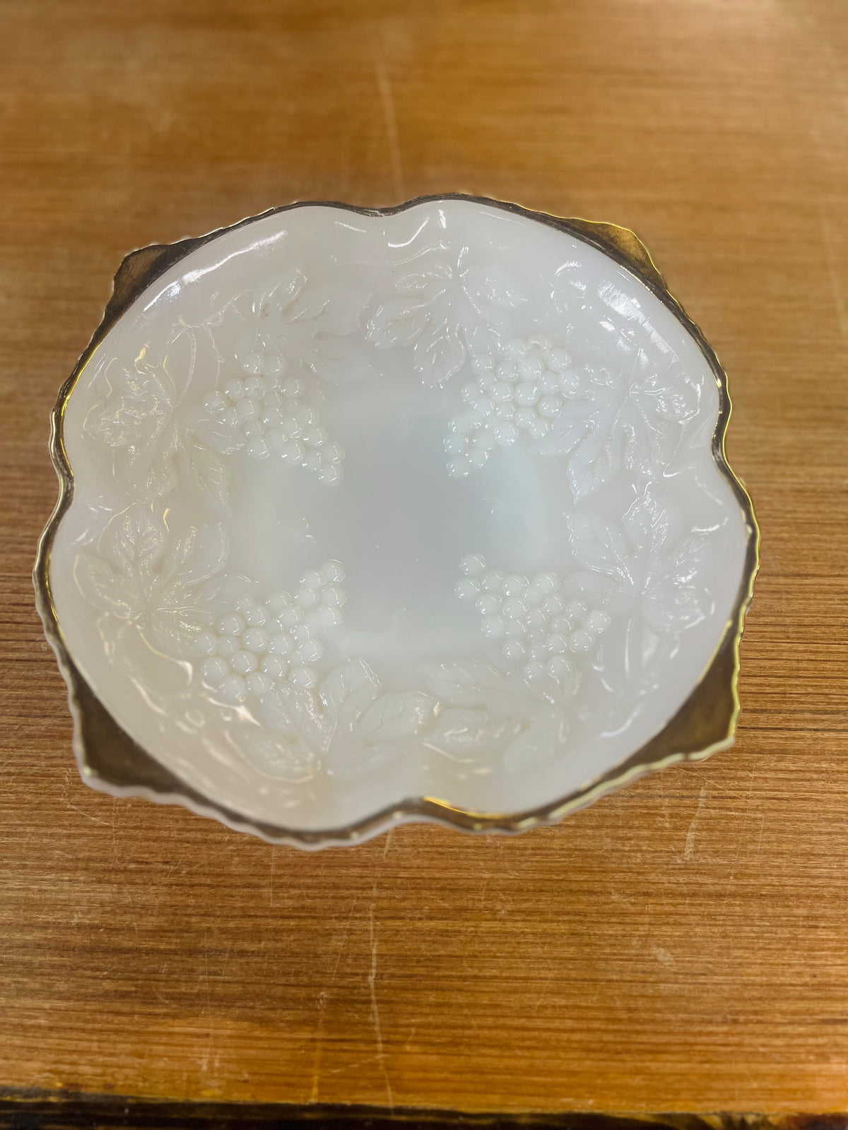 Vintage Milk Glass Bowl With Grapes And A Gold Rim