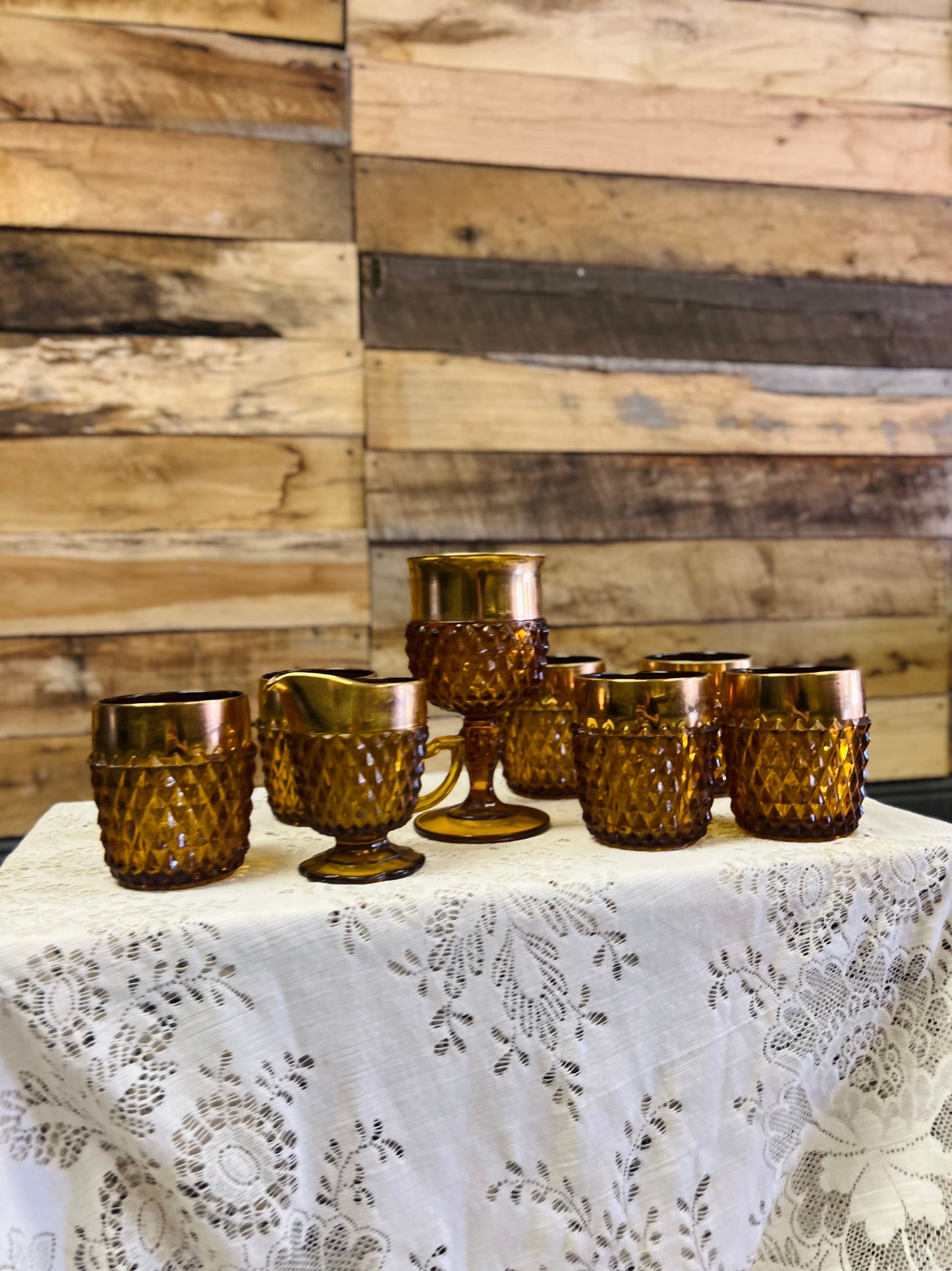 Vintage Indiana Glass Amber Diamond Point Tumbler 8 Piece Set