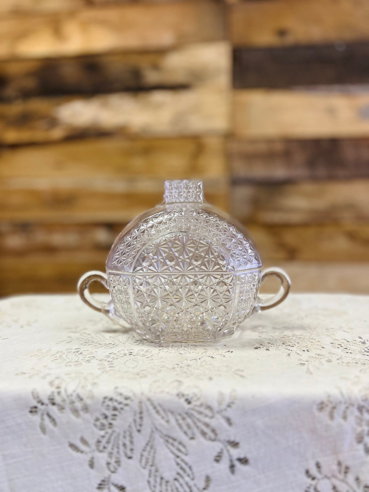 Vintage Double Handled Clear Pattern Covered Dish