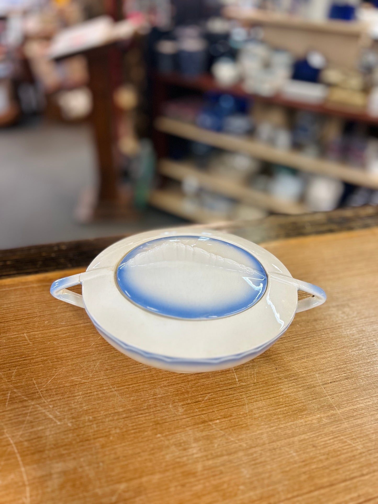 Vintage Very Old Lidded Blue Rim Gravy Bowl