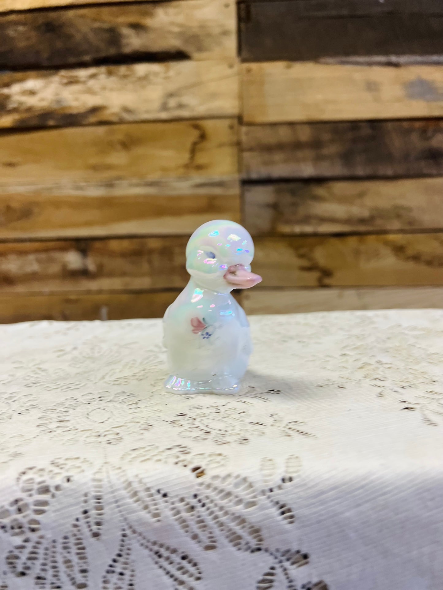 Vintage Fenton White Iridescent Milk Glass with Floral Details Duckling Figurine