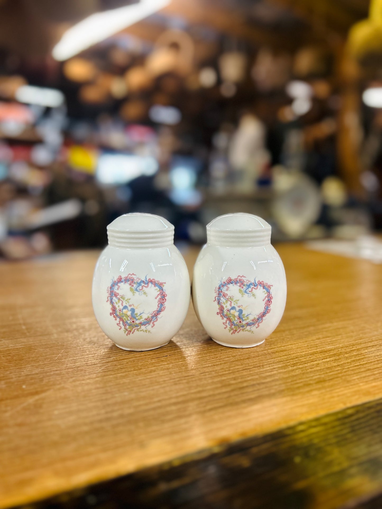 Vintage 1980s Ceramic Salt and Pepper Shakers with Floral Heart Design