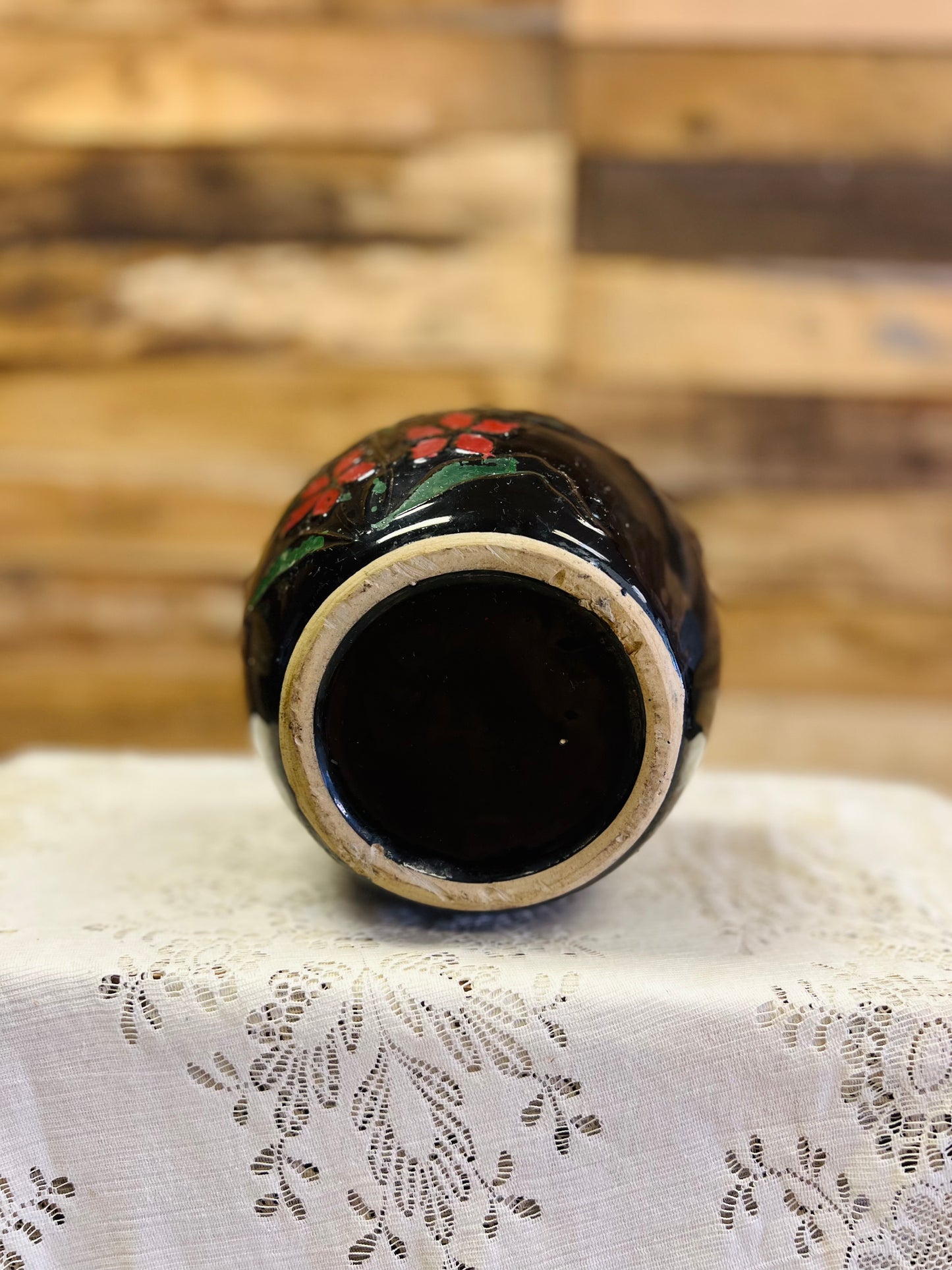 Vintage Pottery Stoneware Crock Featuring Hand-Painted Red Flowers on Black Finish