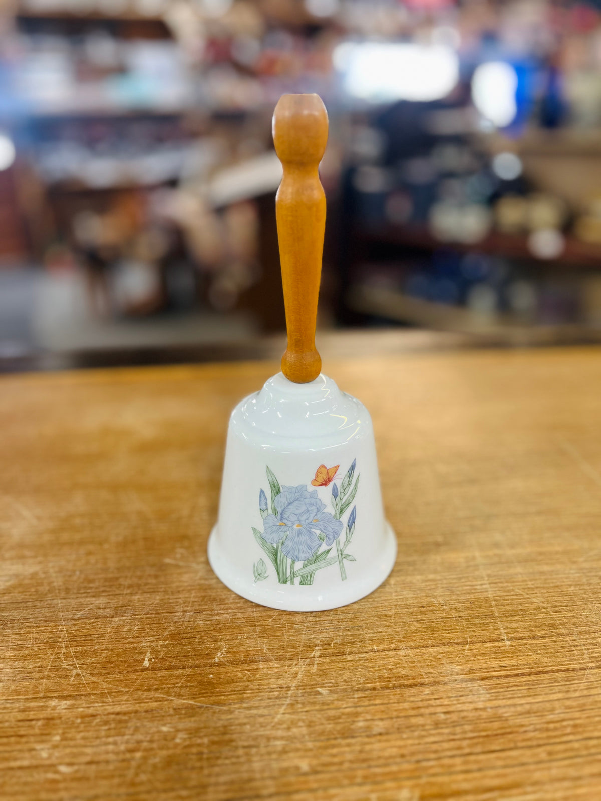 Vintage Ceramic Dinner Bell With Blue Irises