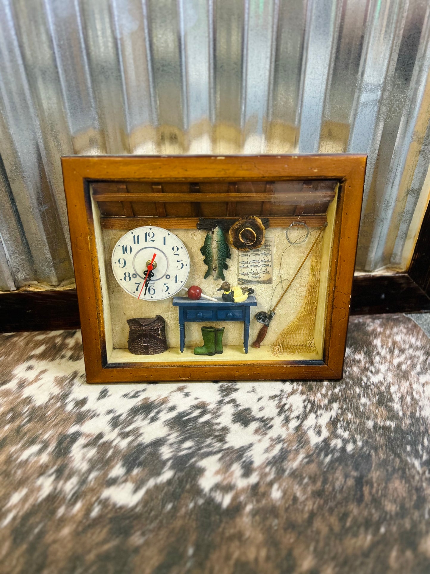 Vintage Fishing Themed Shadow Box with Clock