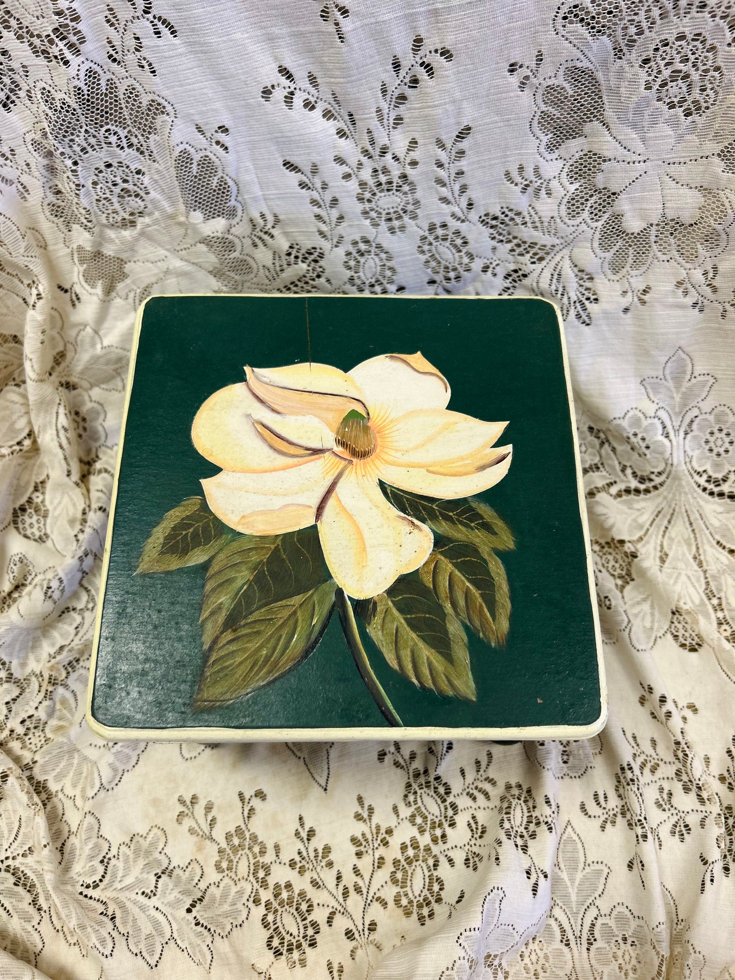 Vintage Green Wooden Box With Magnolia Flower