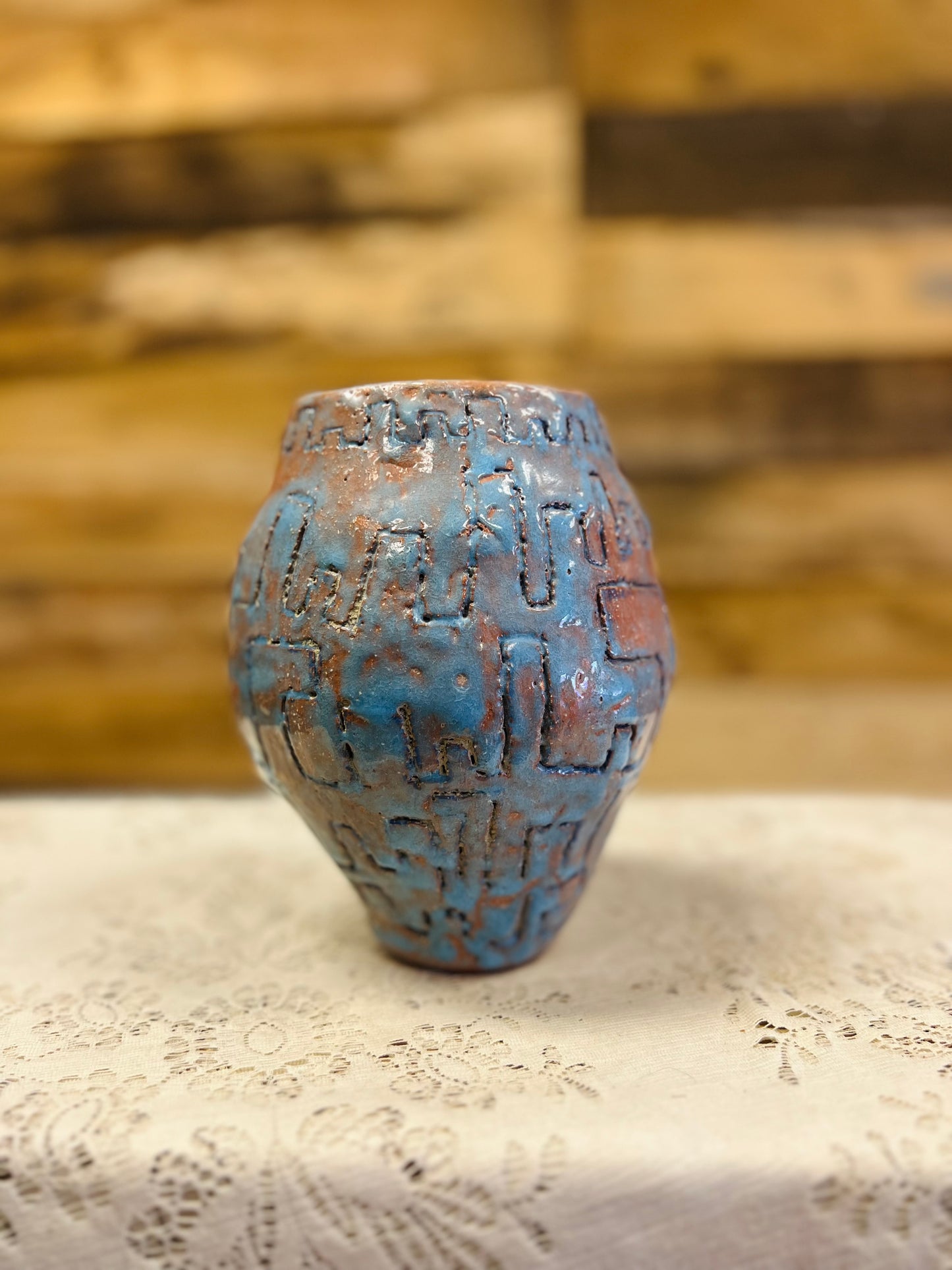 Old Handmade Blue and Orange Pottery Vase
