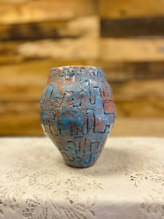Old Handmade Blue and Orange Pottery Vase