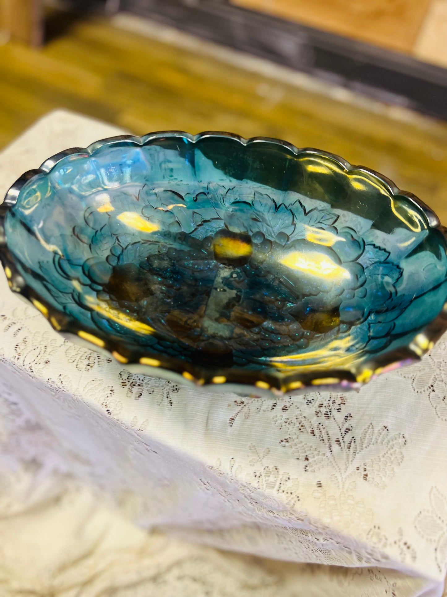Vintage Blue Carnival Glass Fruit Bowl