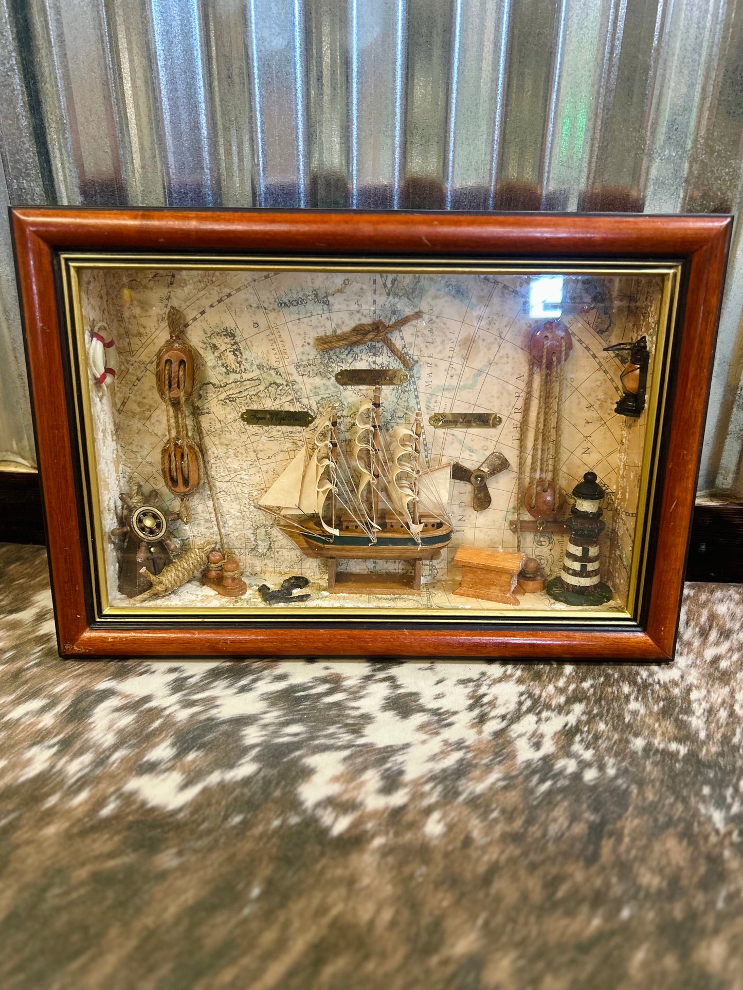 Vintage Nautical Diorama Shadow Box With Sailboat And Lighthouse