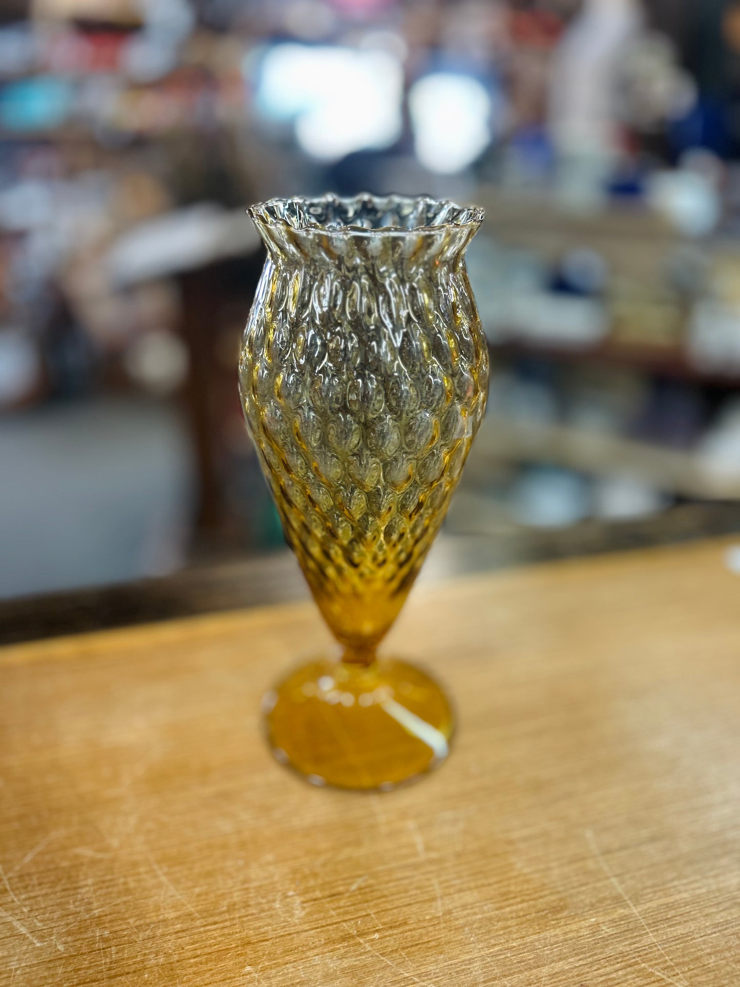 Vintage Amber Glass Vase with Bubble Pattern