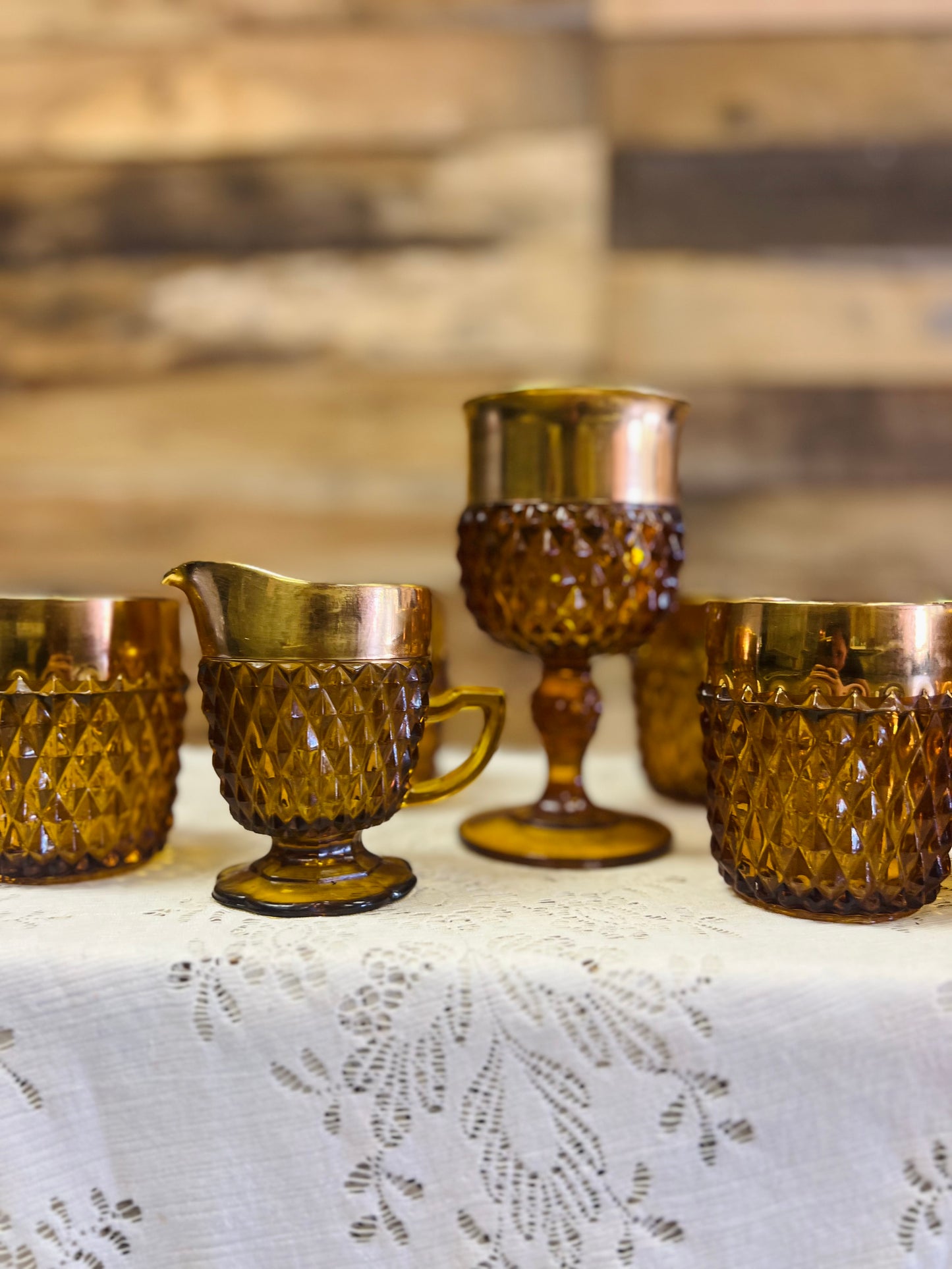 Vintage Indiana Glass Amber Diamond Point Tumbler 8 Piece Set