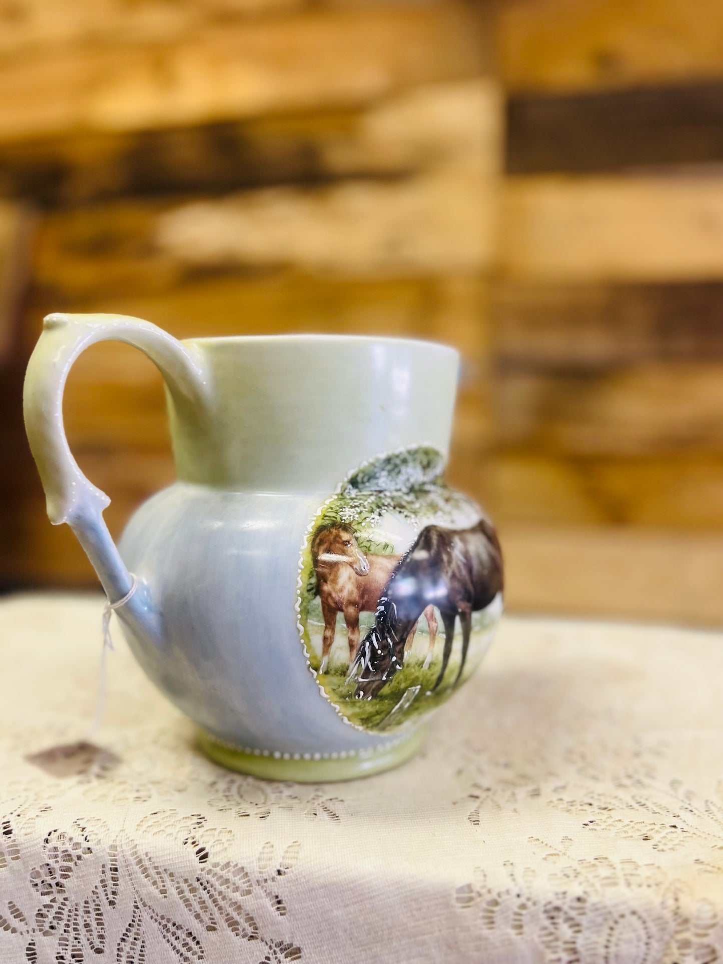 Vintage Ceramic Pitcher with Hand Painted Scene of Horse