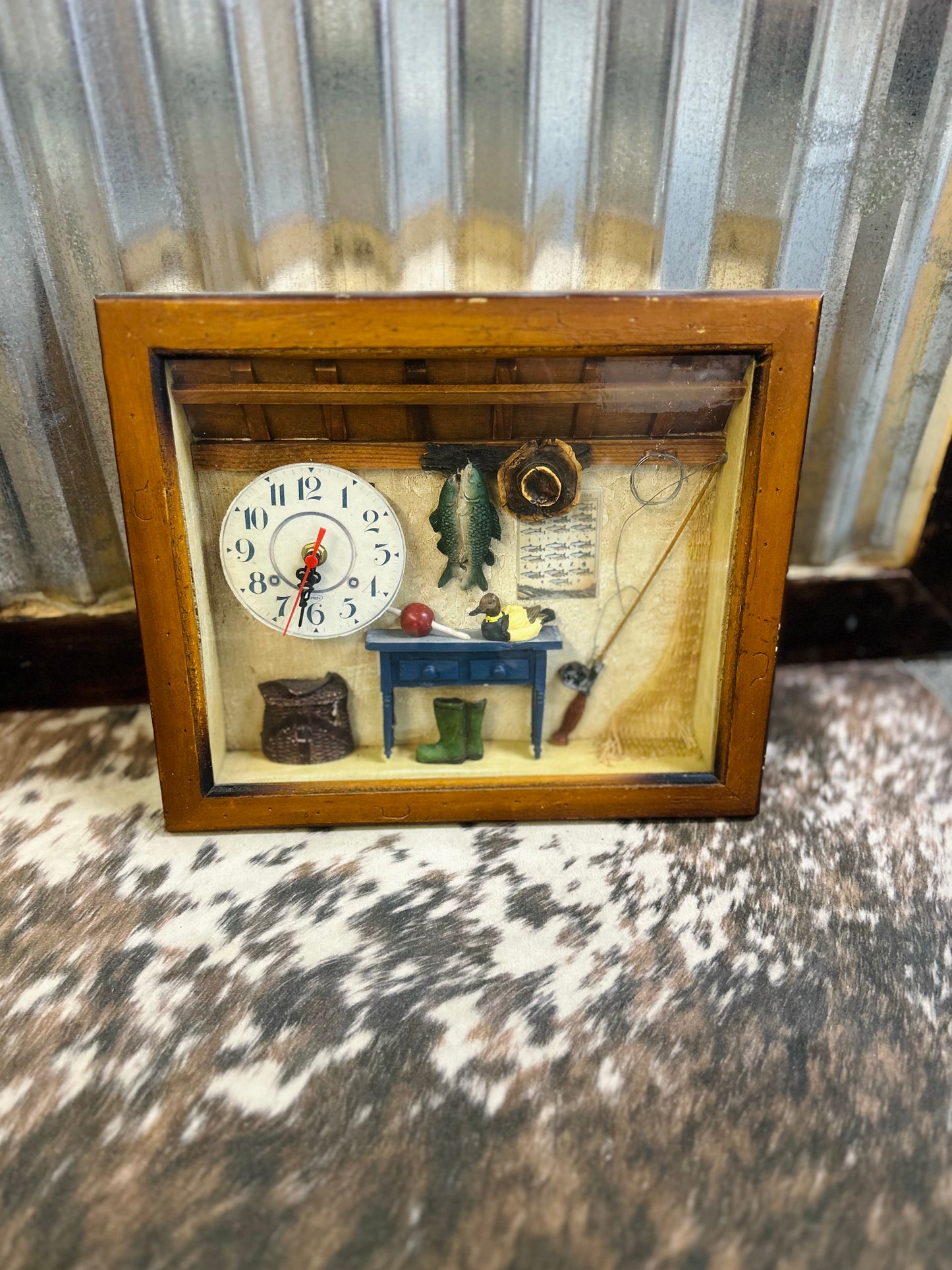 Vintage Fishing Themed Shadow Box with Clock