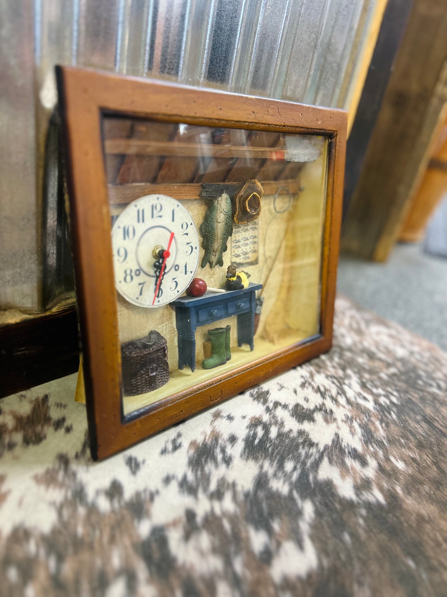 Vintage Fishing Themed Shadow Box with Clock