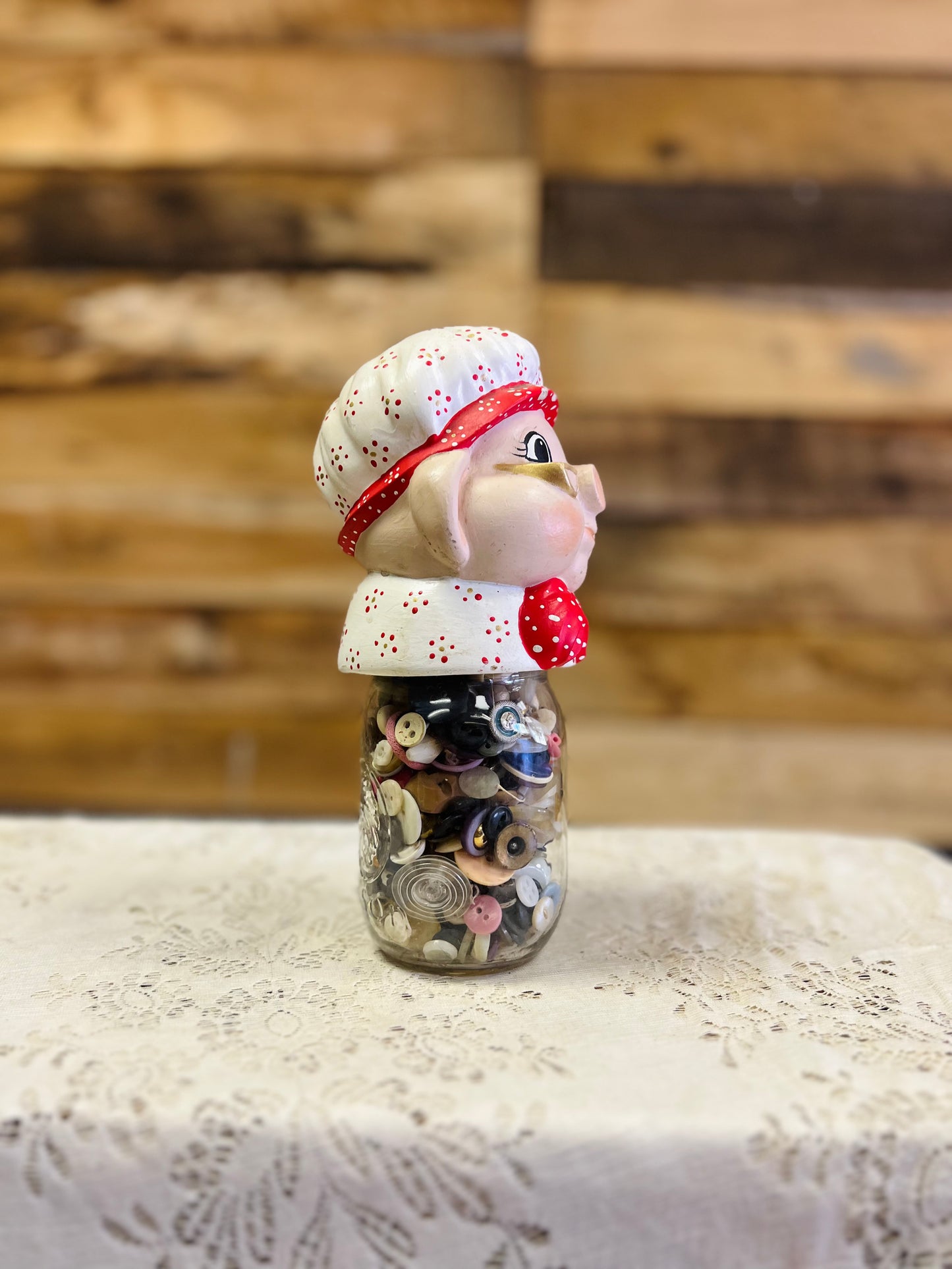 Vintage Style Ceramic " Grandma Pig" Mason Jar Filled with Buttons