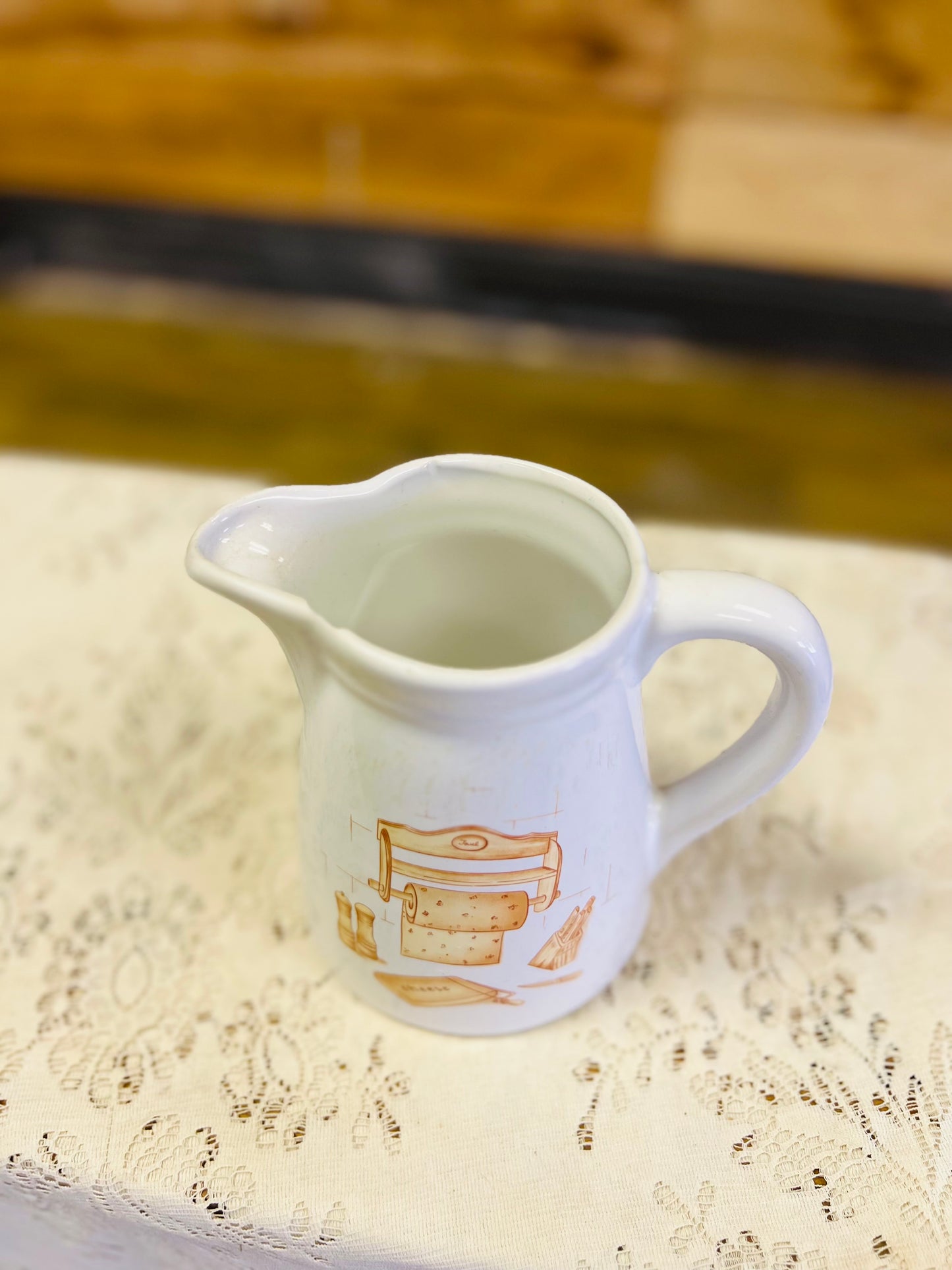 Vintage Taiwan Ceramic Pitcher with Kitchen Scene