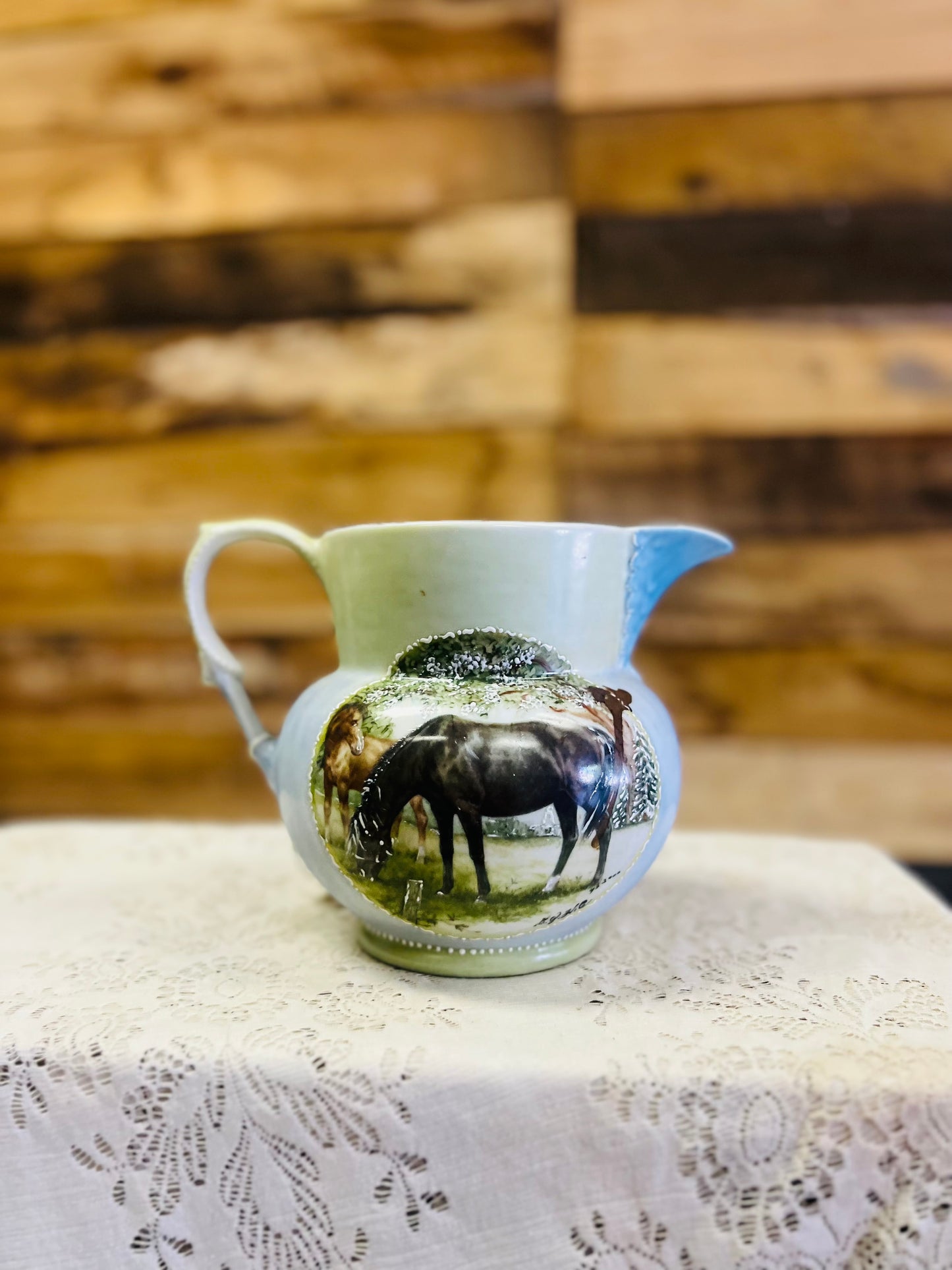 Vintage Ceramic Pitcher with Hand Painted Scene of Horse