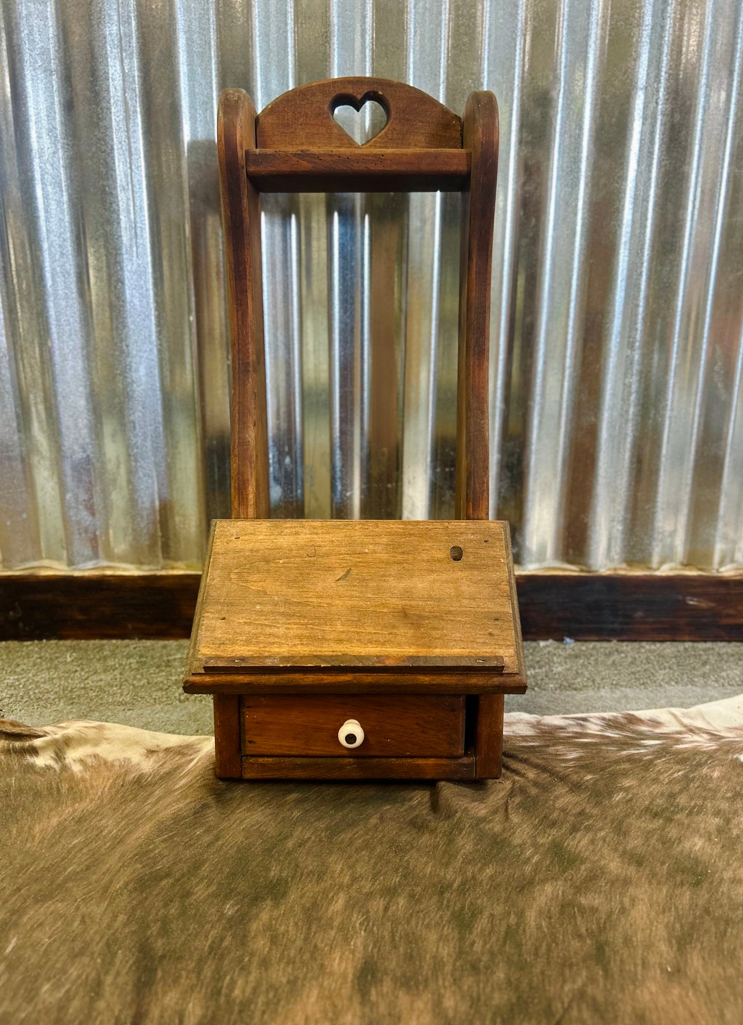 Vintage Wooden Wall- Mount Shelf With Heart Cutout and Drawer