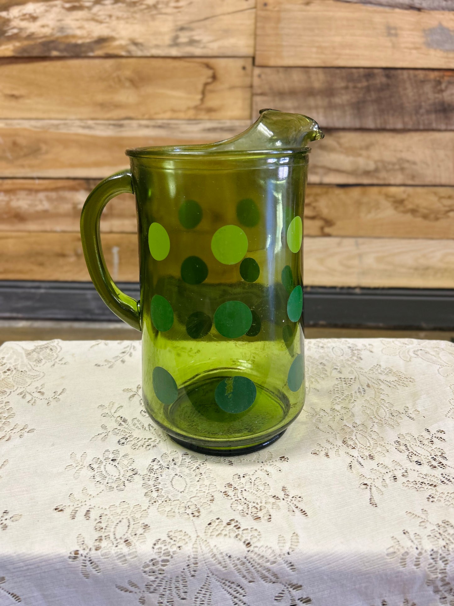 Vintage Libbey Glass Green Polka Dots Pitcher