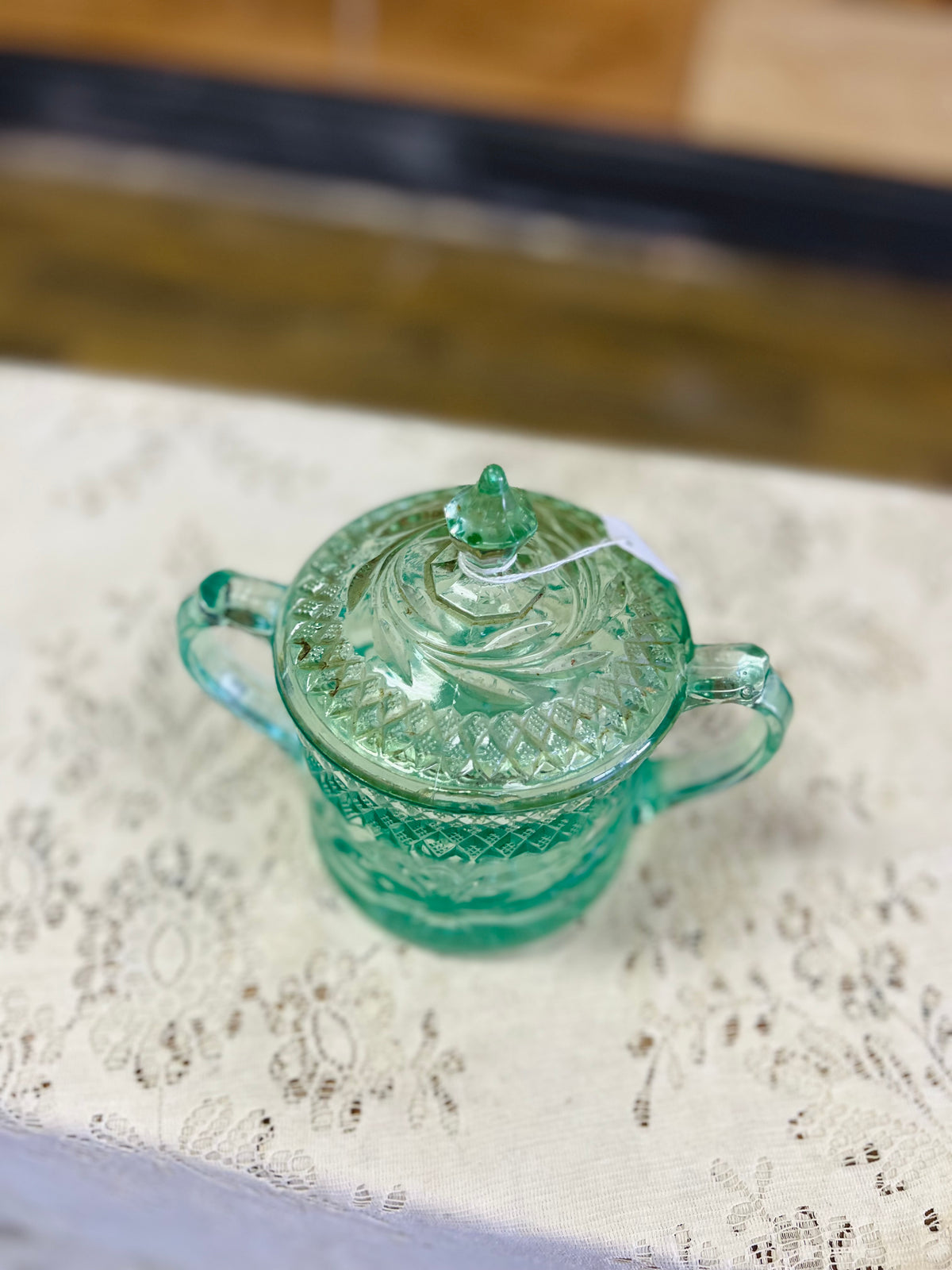 Vintage Green Double Handled Uranium Glass Dish With Lid