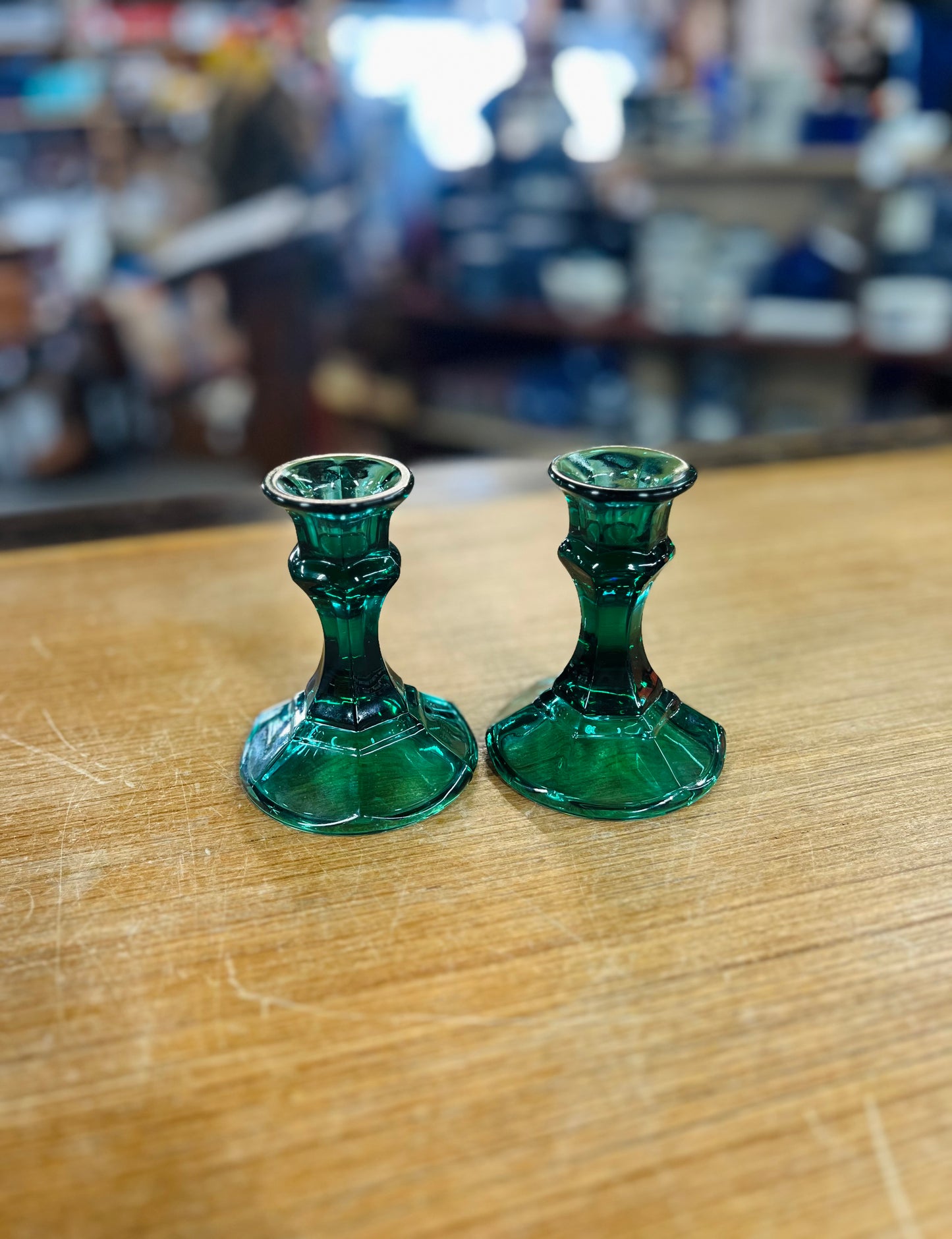 Vintage Idiana Glass Company Teal Green Candle Holder Set