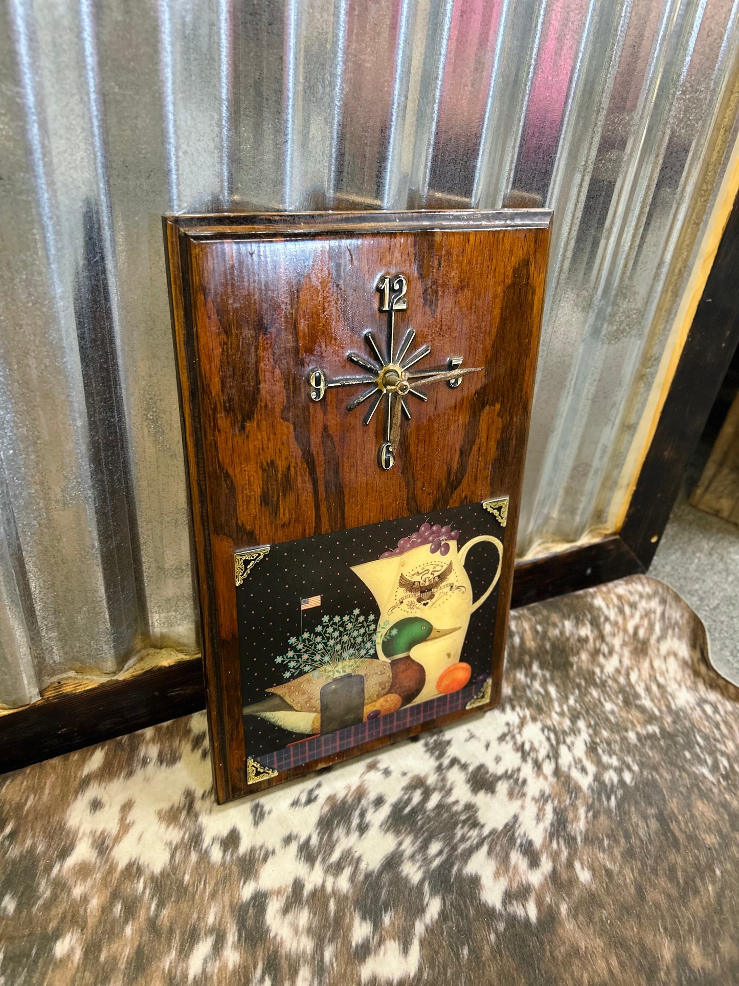 Vintage Wooden Wall Clock with Mallard Duck