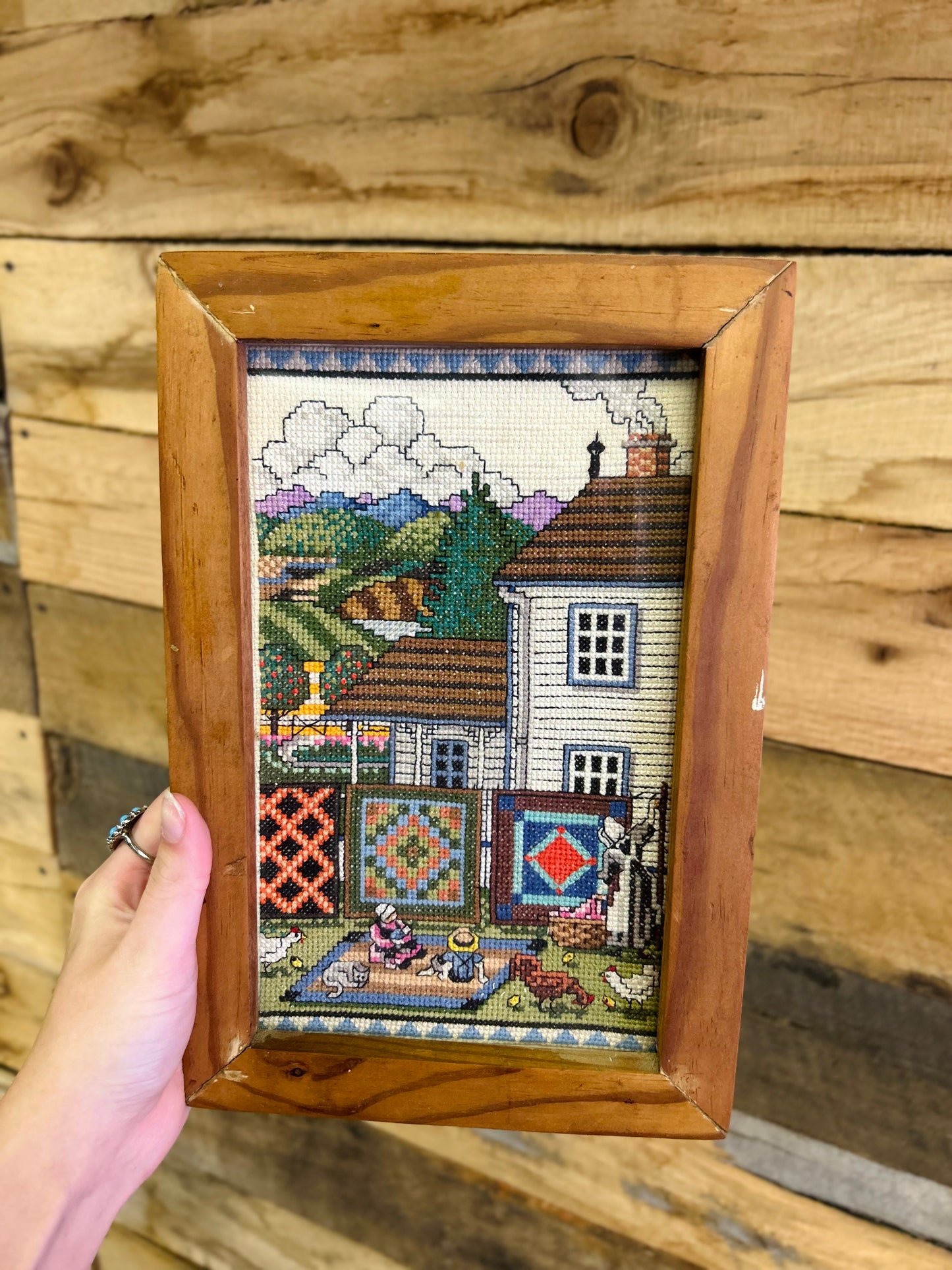 Vintage Triptych Cross-stitch Farmhouse Scene Wood Framed