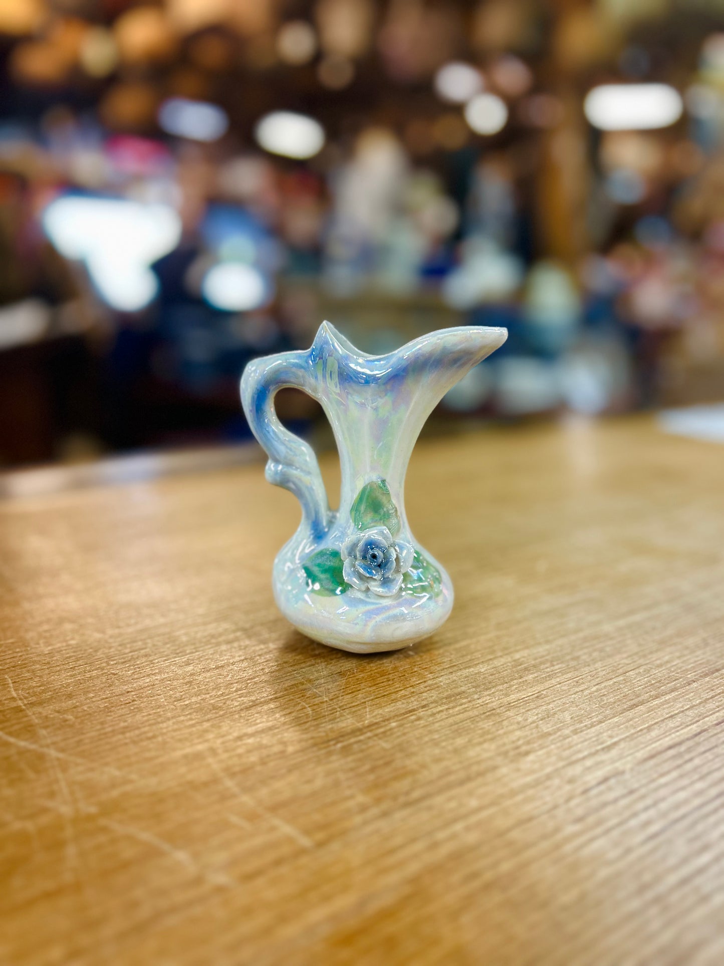Vintage Lusterwire Pitcher with White Iridescent Glaze and Blue Rose Design
